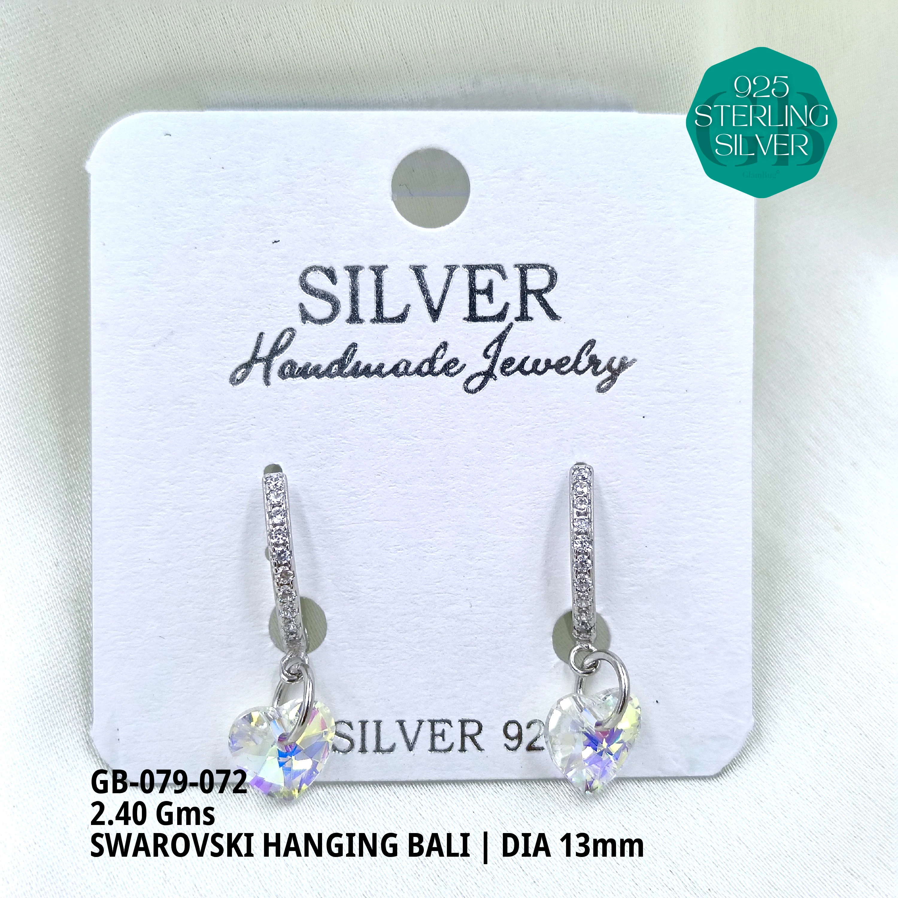 SWAROVSKI HANGNING BALI - Premium 925 Silver Jewellery - SKU: GB-079-072 - Hyderabad Silver Importers