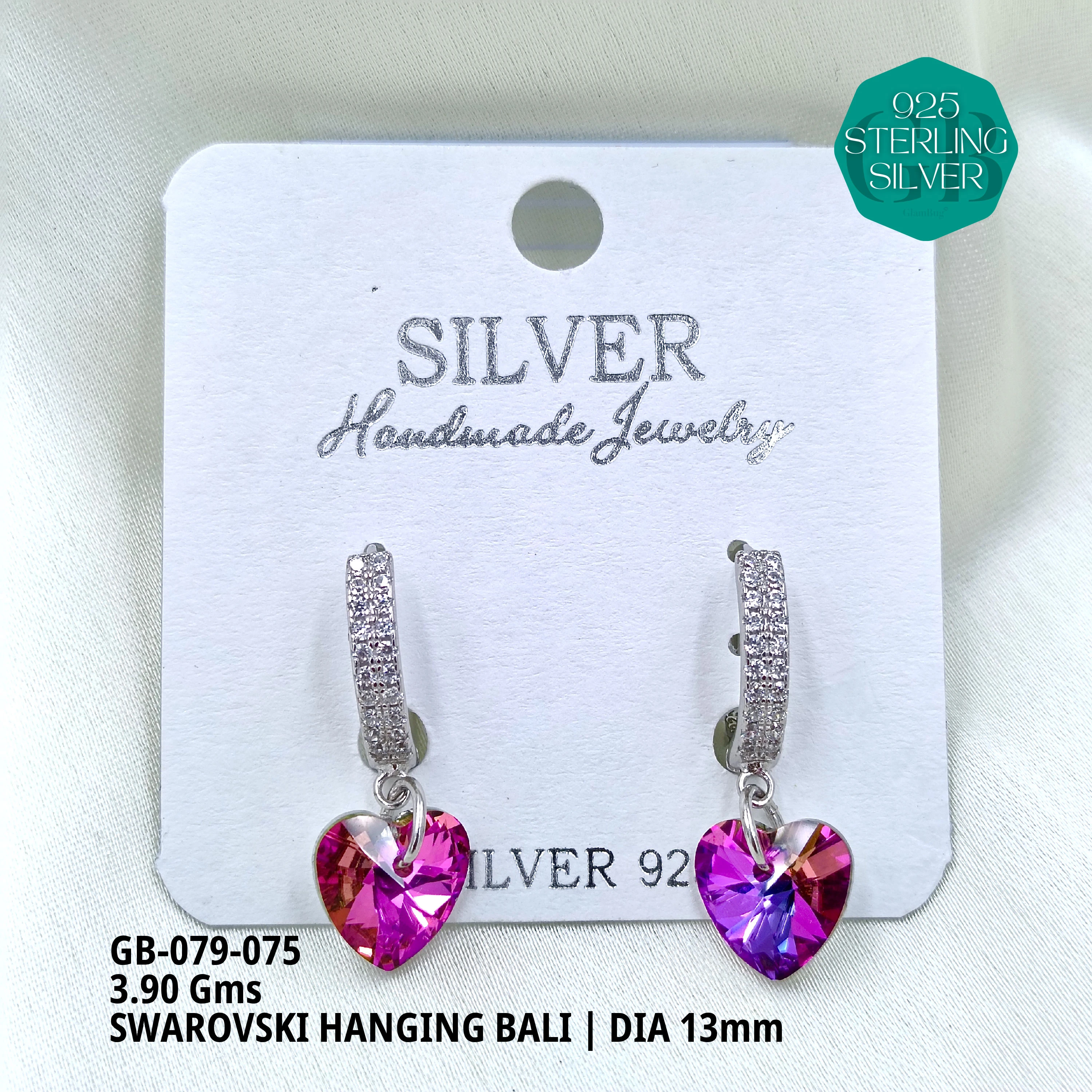 SWAROVSKI HANGNING BALI - Premium 925 Silver Jewellery - SKU: GB-079-075 - Hyderabad Silver Importers