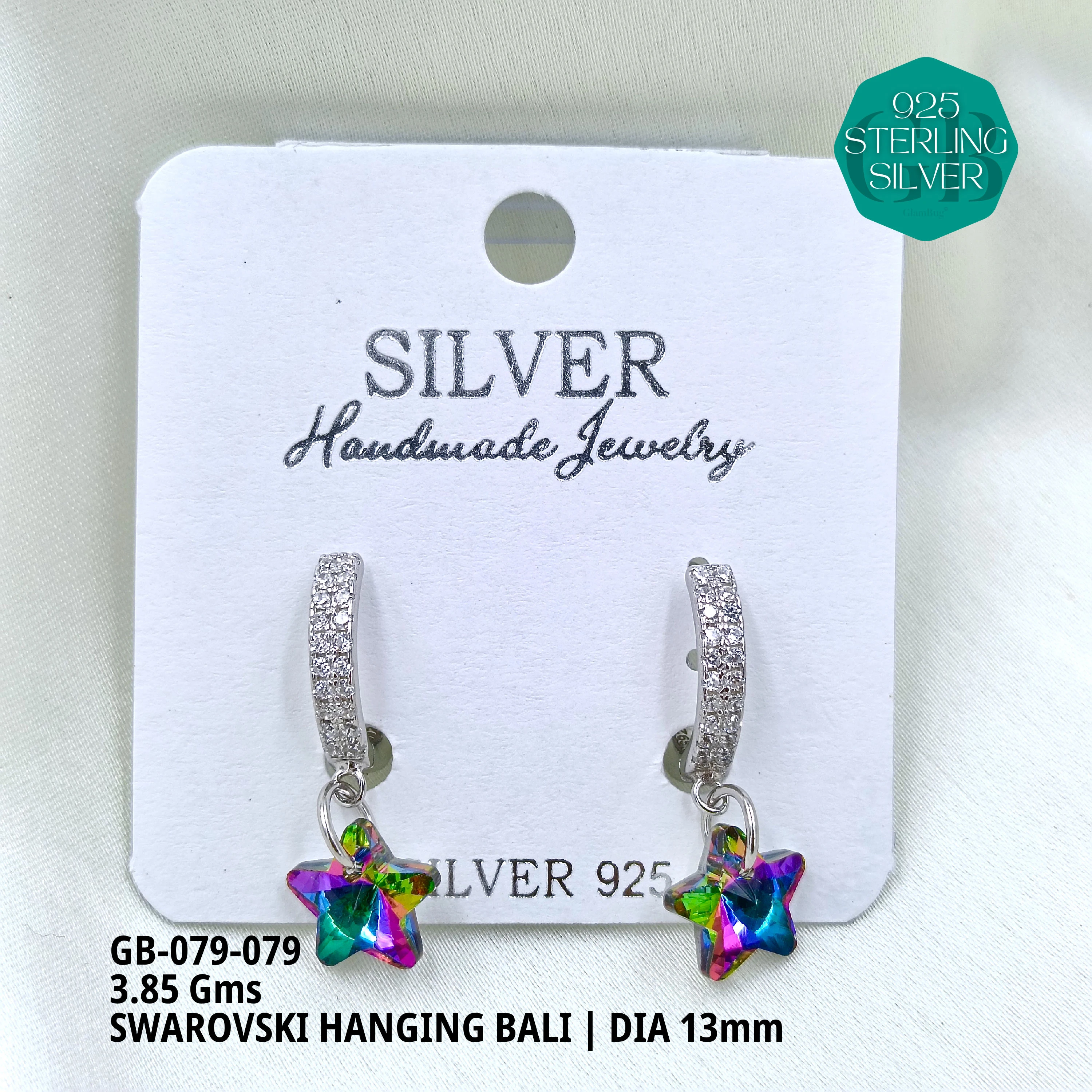 SWAROVSKI HANGNING BALI - Premium 925 Silver Jewellery - SKU: GB-079-079 - Hyderabad Silver Importers