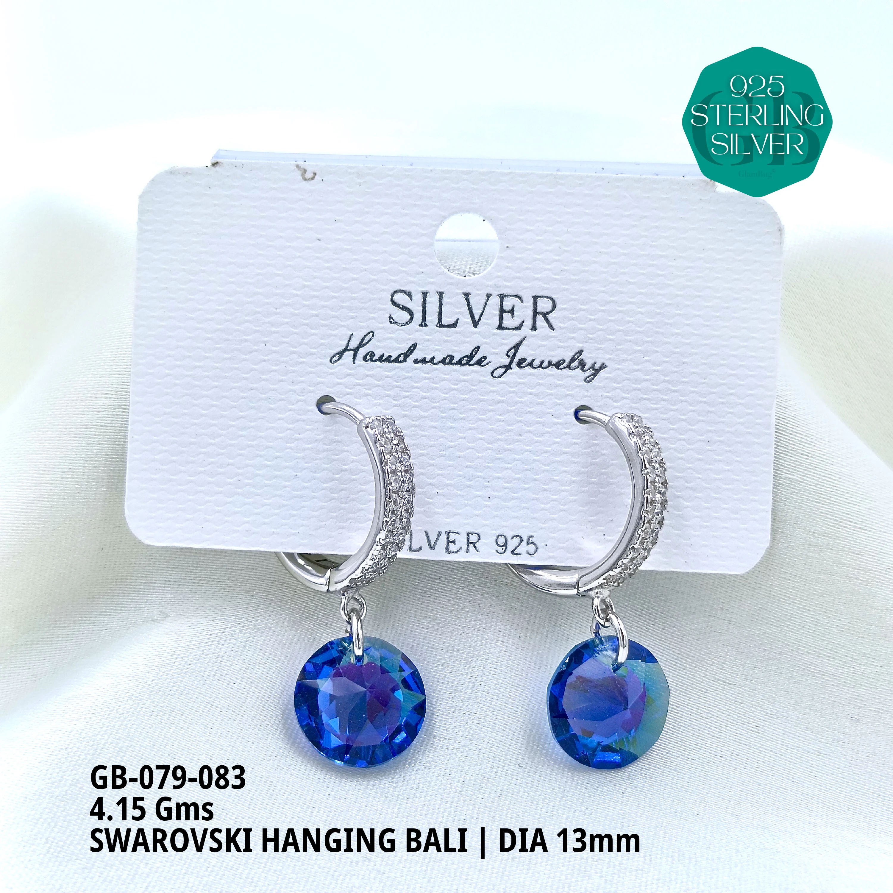 SWAROVSKI HANGNING BALI - Premium 925 Silver Jewellery - SKU: GB-079-083 - Hyderabad Silver Importers