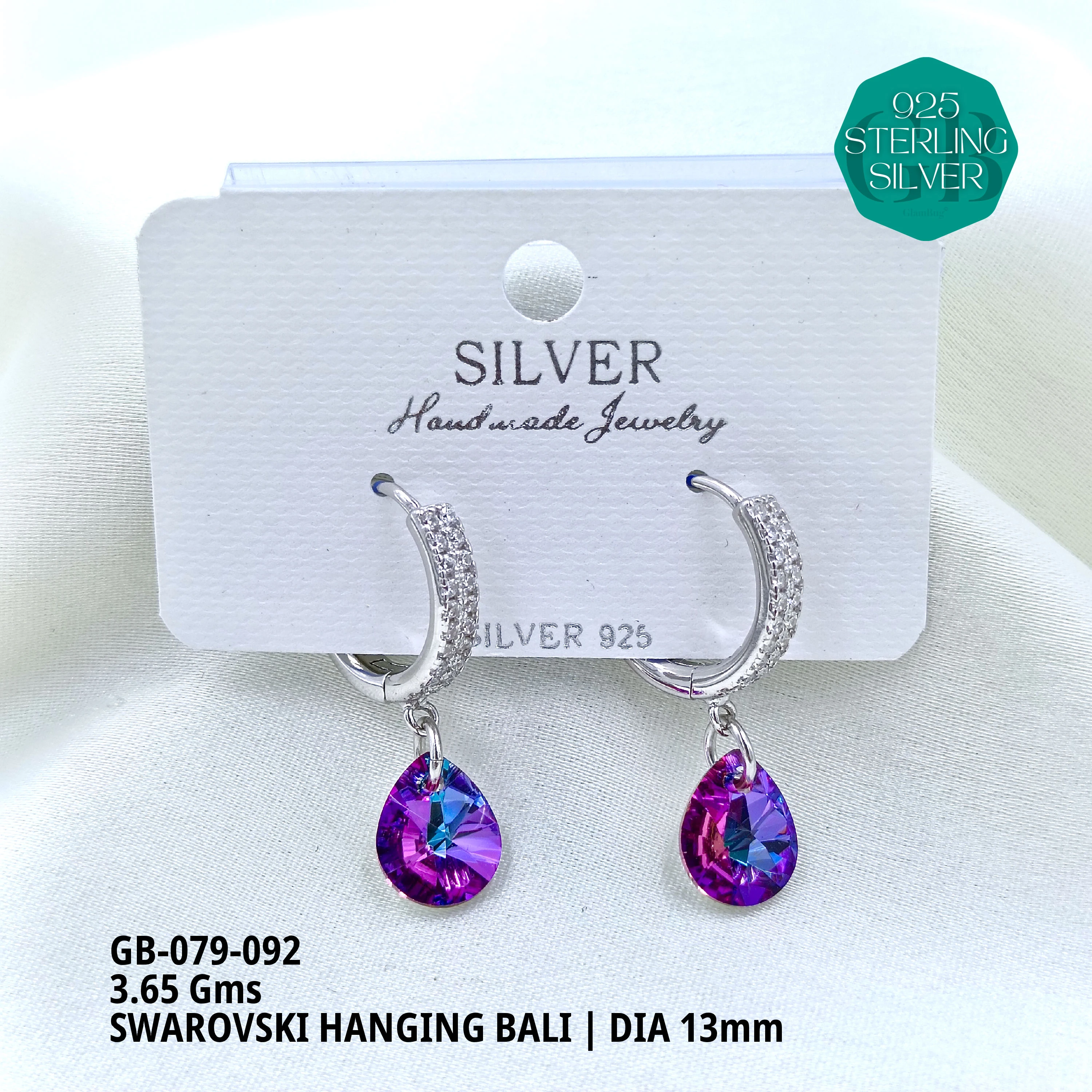 SWAROVSKI HANGNING BALI - Premium 925 Silver Jewellery - SKU: GB-079-092 - Hyderabad Silver Importers