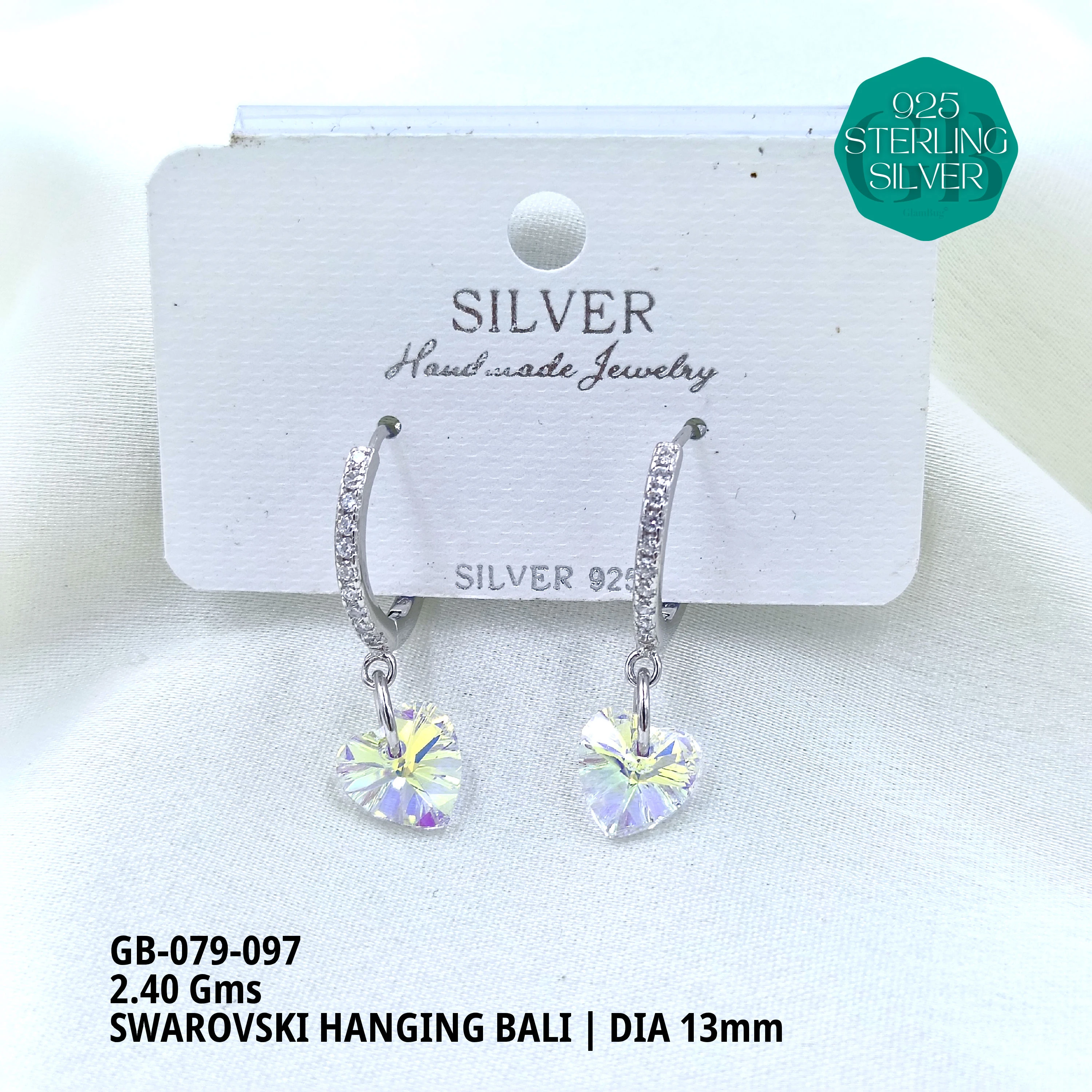 SWAROVSKI HANGNING BALI - Premium 925 Silver Jewellery - SKU: GB-079-097 - Hyderabad Silver Importers