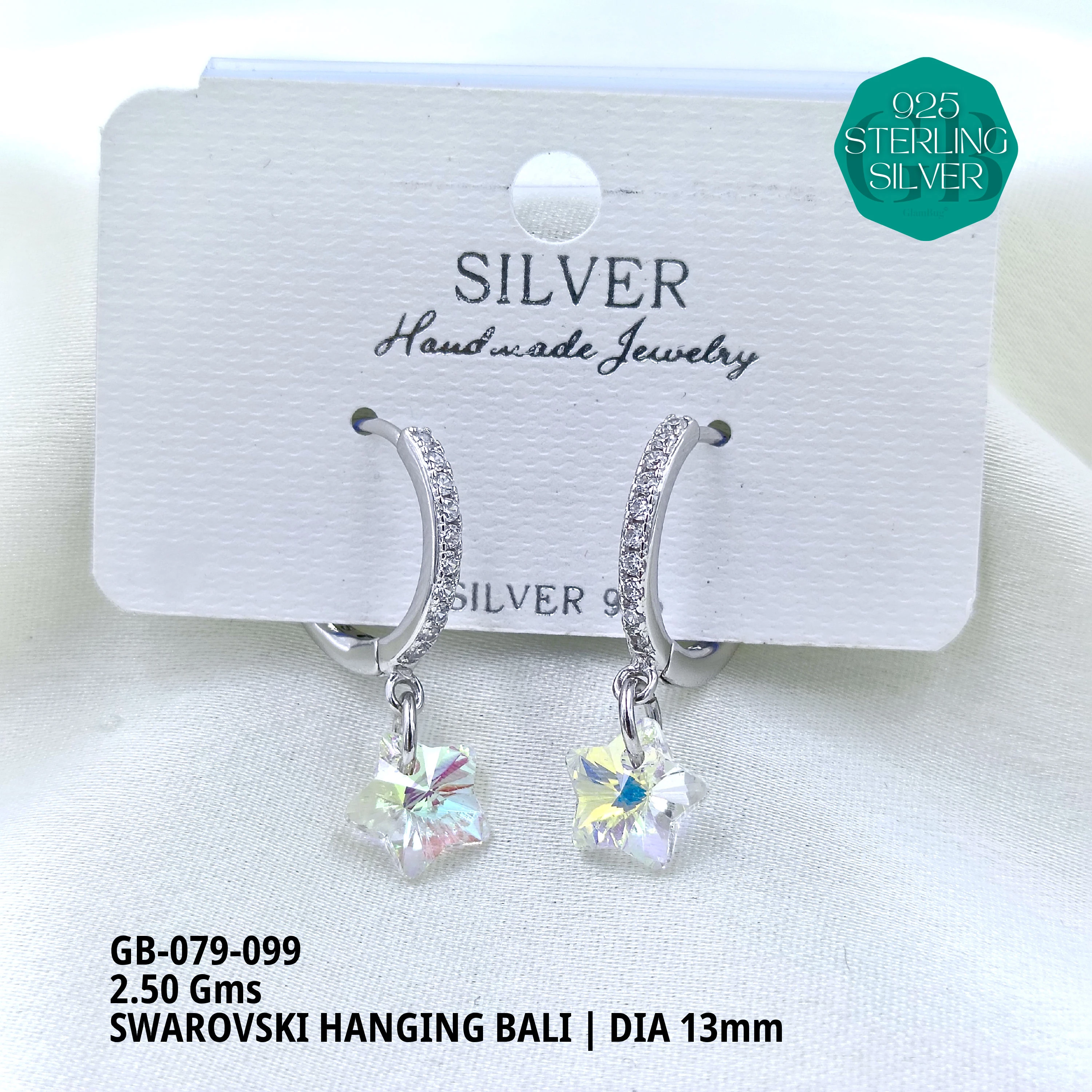 SWAROVSKI HANGNING BALI - Premium 925 Silver Jewellery - SKU: GB-079-099 - Hyderabad Silver Importers