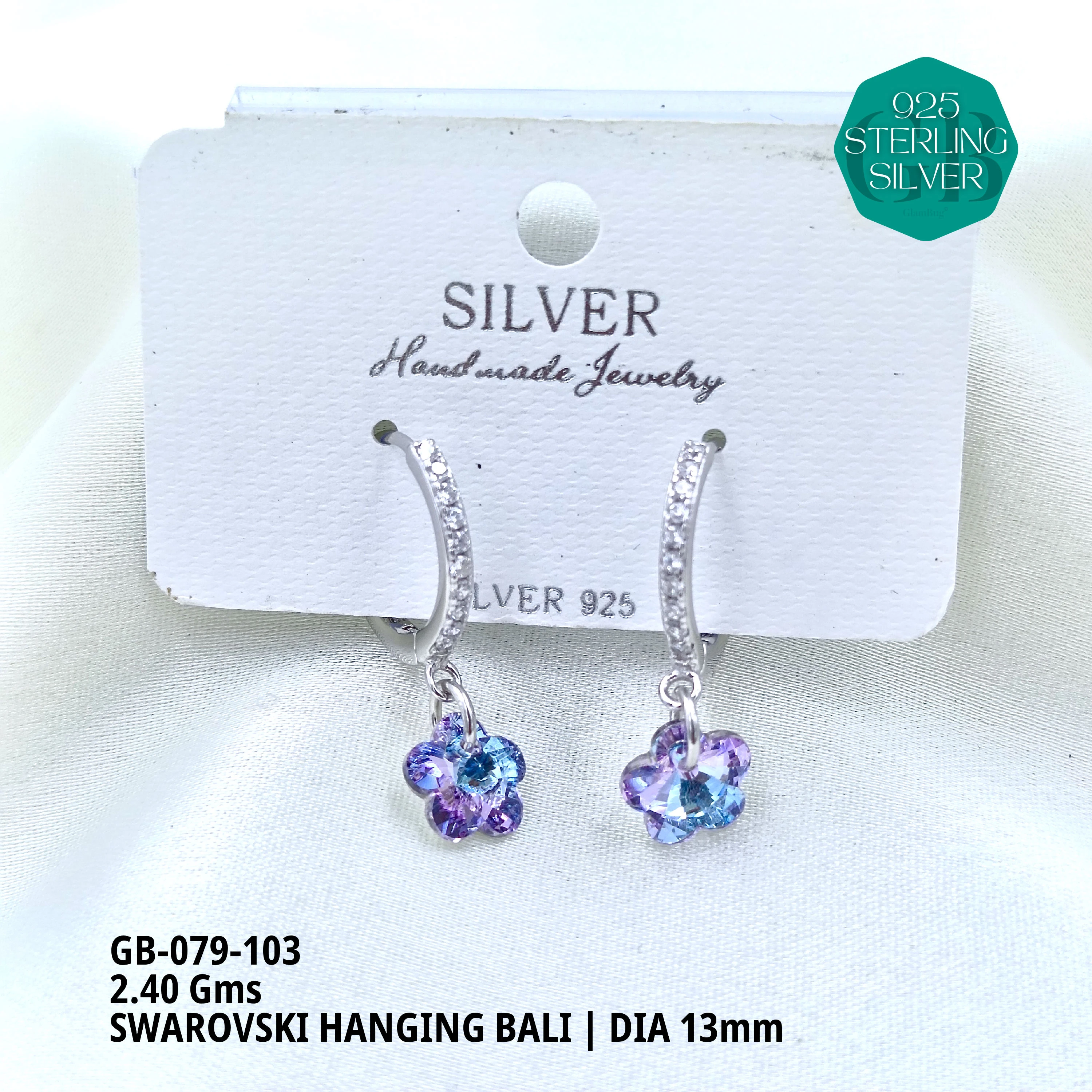 SWAROVSKI HANGNING BALI - Premium 925 Silver Jewellery - SKU: GB-079-103 - Hyderabad Silver Importers