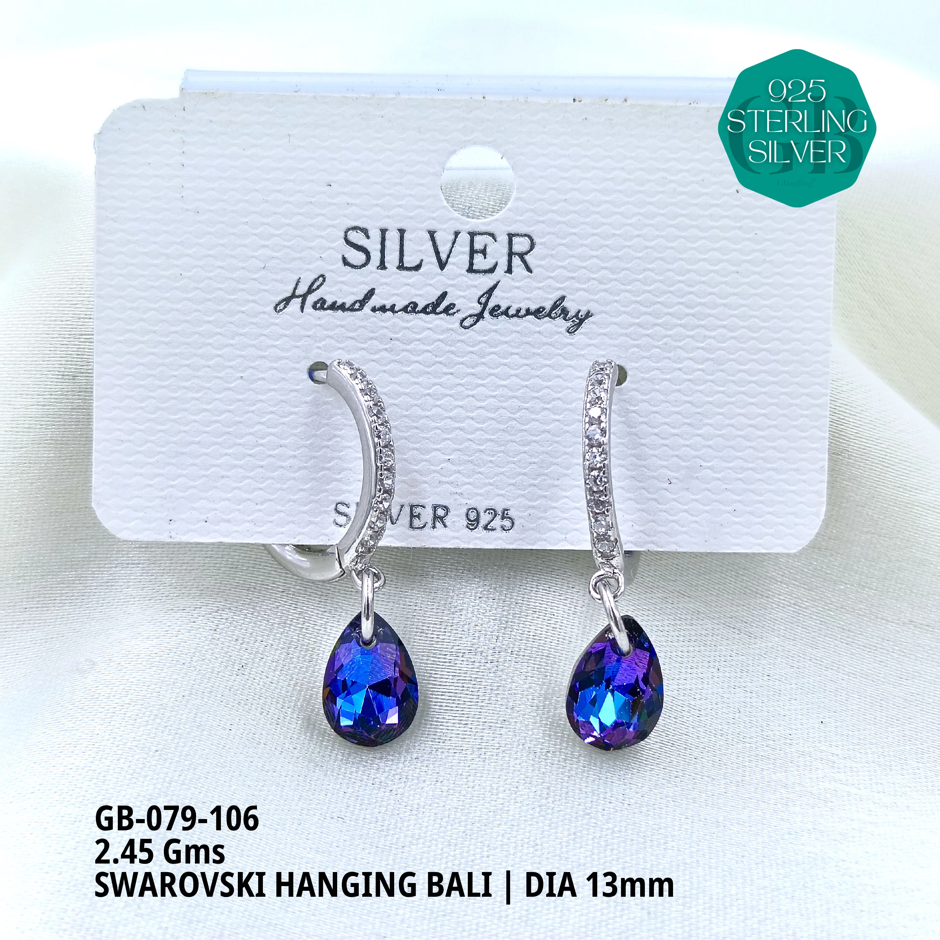 SWAROVSKI HANGNING BALI - Premium 925 Silver Jewellery - SKU: GB-079-106 - Hyderabad Silver Importers