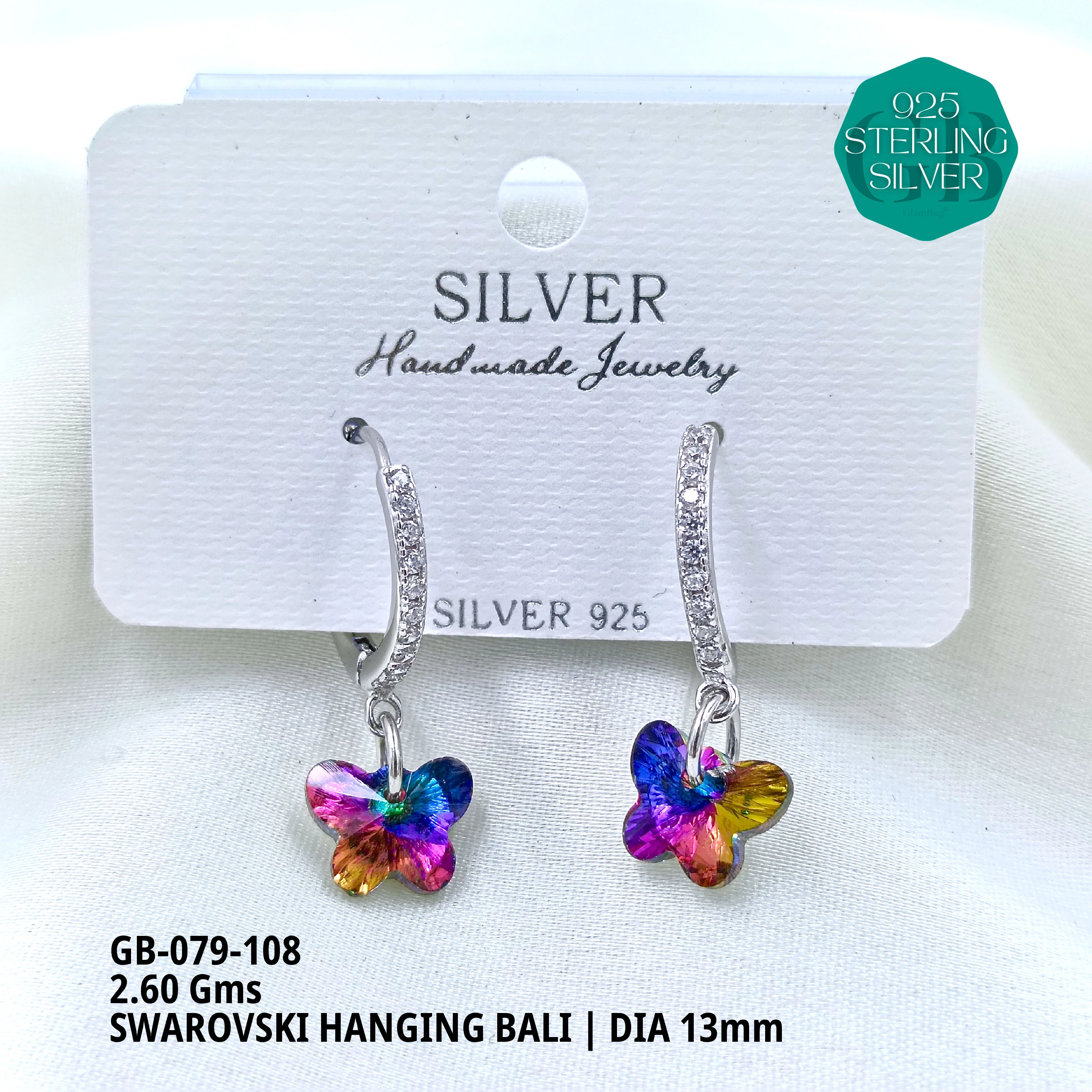 SWAROVSKI HANGNING BALI - Premium 925 Silver Jewellery - SKU: GB-079-108 - Hyderabad Silver Importers