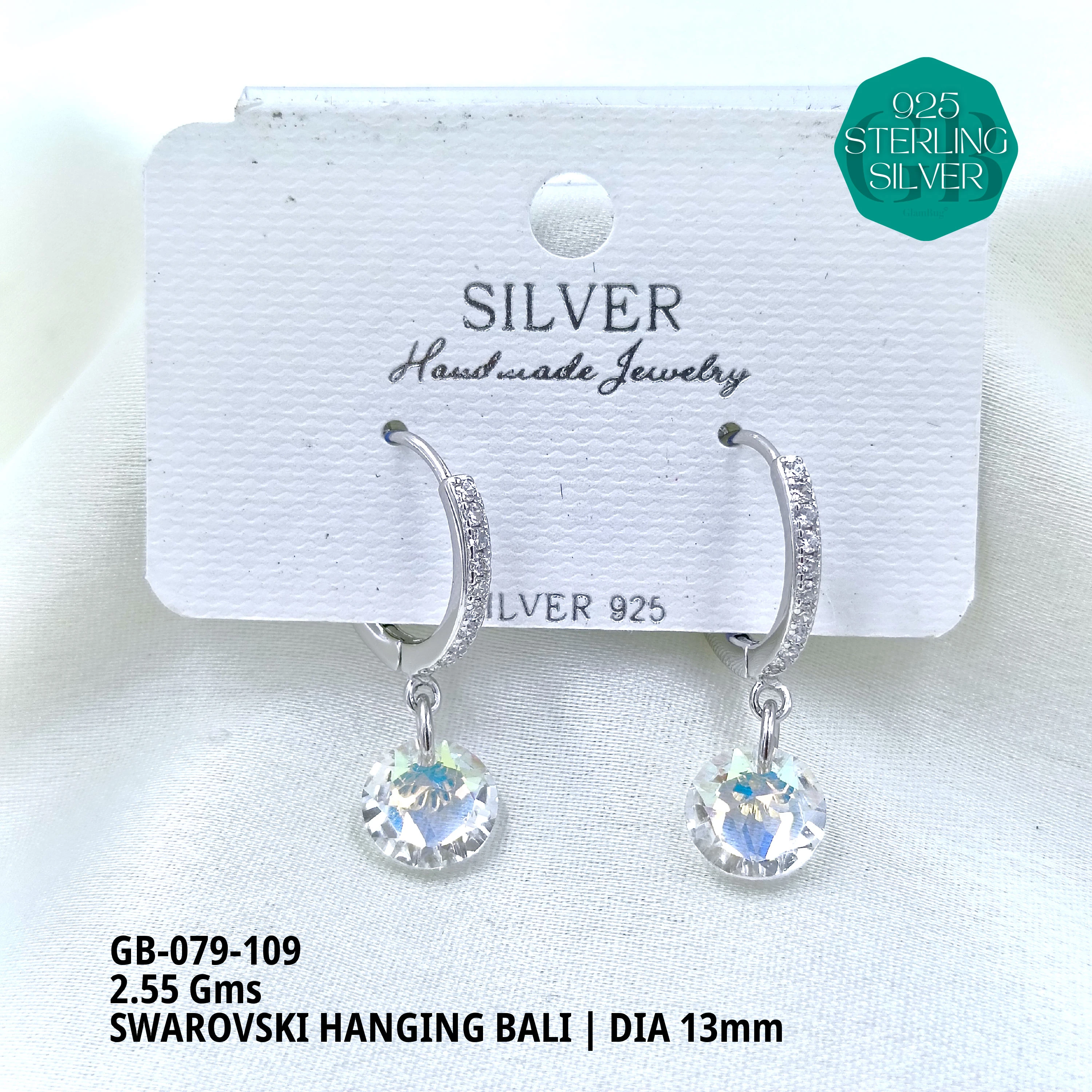 SWAROVSKI HANGNING BALI - Premium 925 Silver Jewellery - SKU: GB-079-109 - Hyderabad Silver Importers