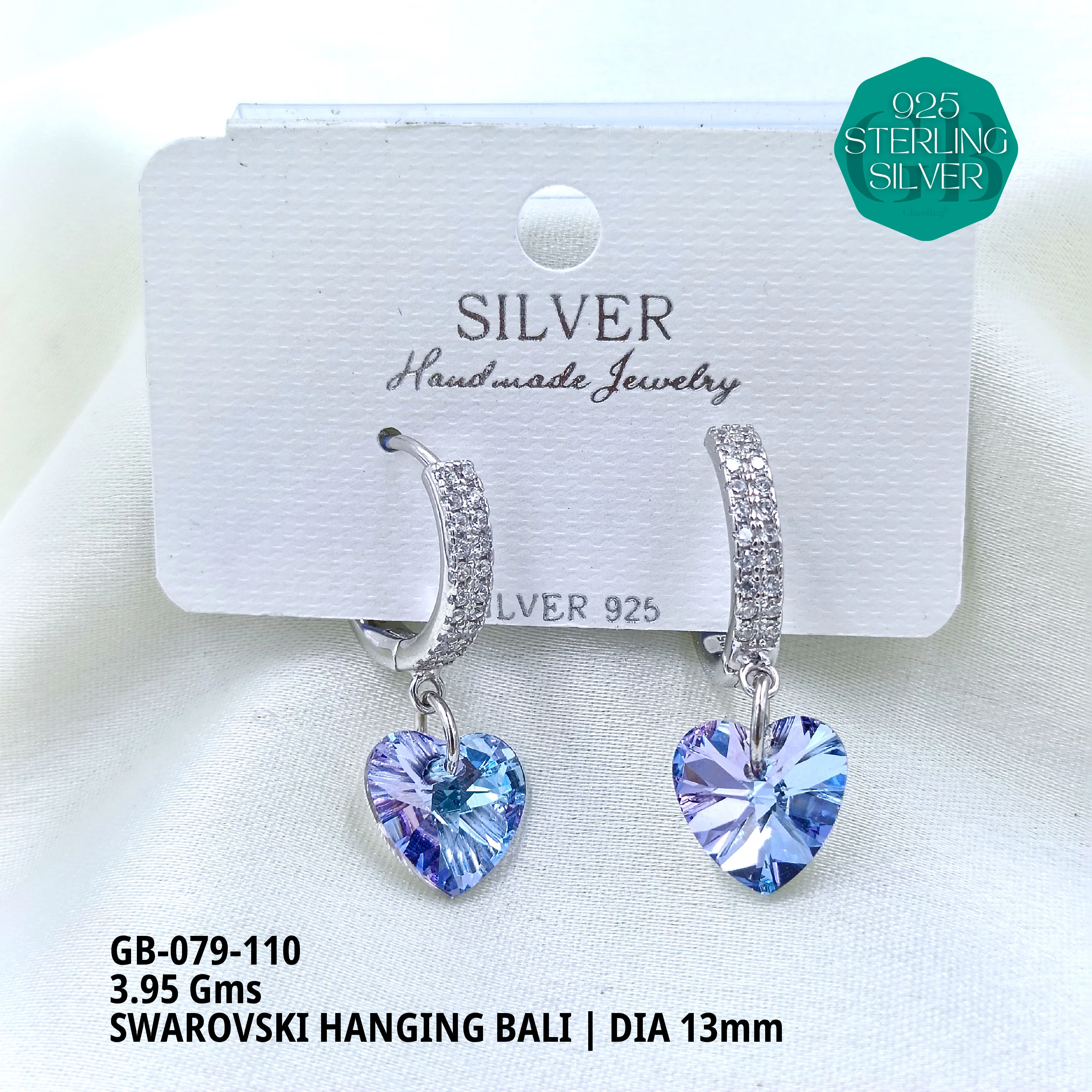SWAROVSKI HANGNING BALI - Premium 925 Silver Jewellery - SKU: GB-079-110 - Hyderabad Silver Importers