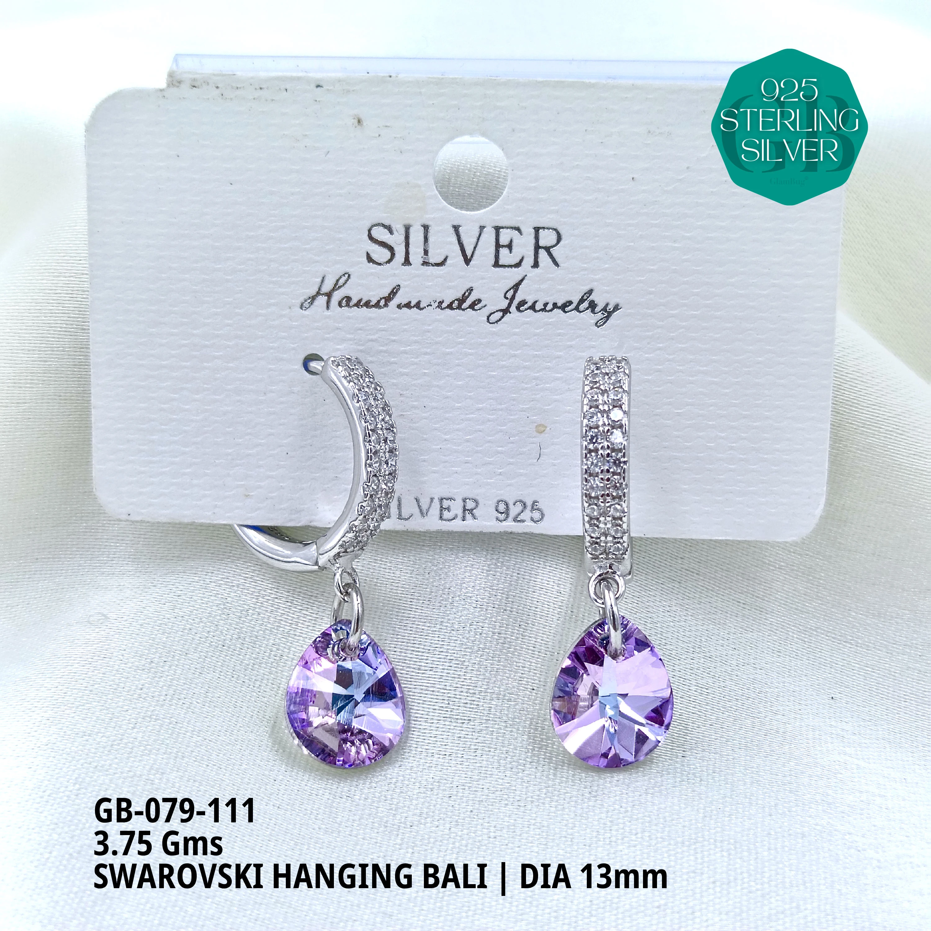SWAROVSKI HANGNING BALI - Premium 925 Silver Jewellery - SKU: GB-079-111 - Hyderabad Silver Importers