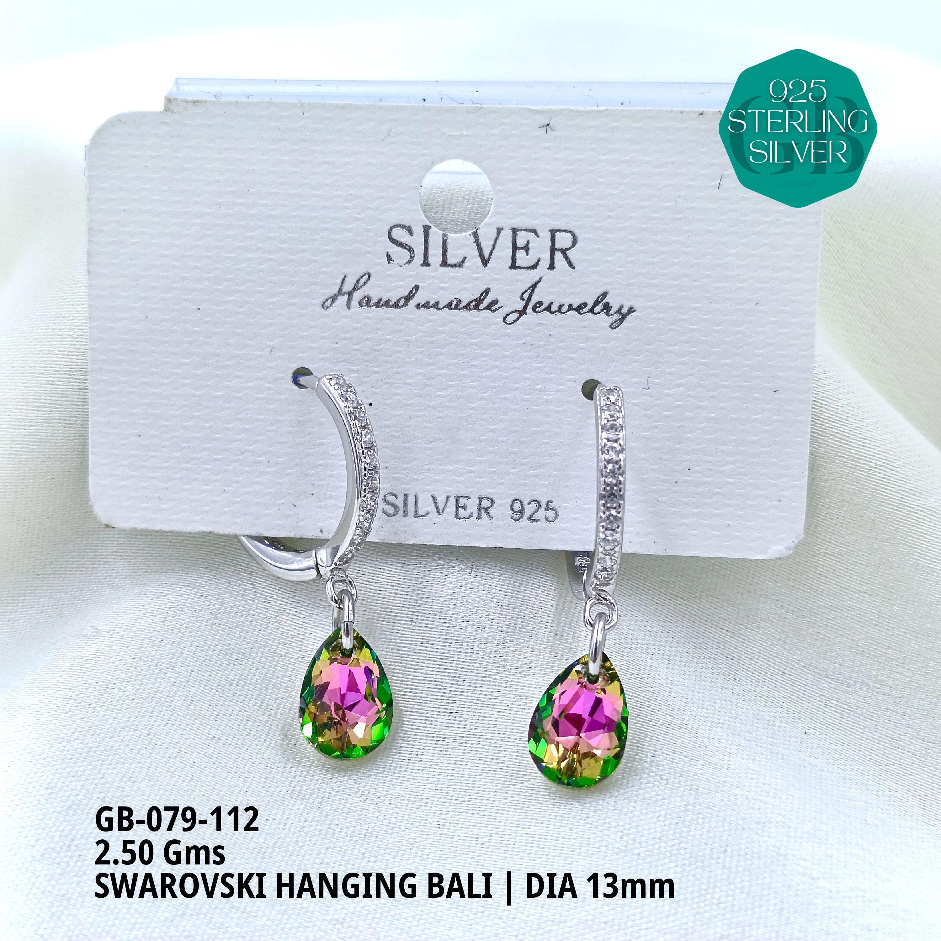 SWAROVSKI HANGNING BALI - Premium 925 Silver Jewellery - SKU: GB-079-112 - Hyderabad Silver Importers