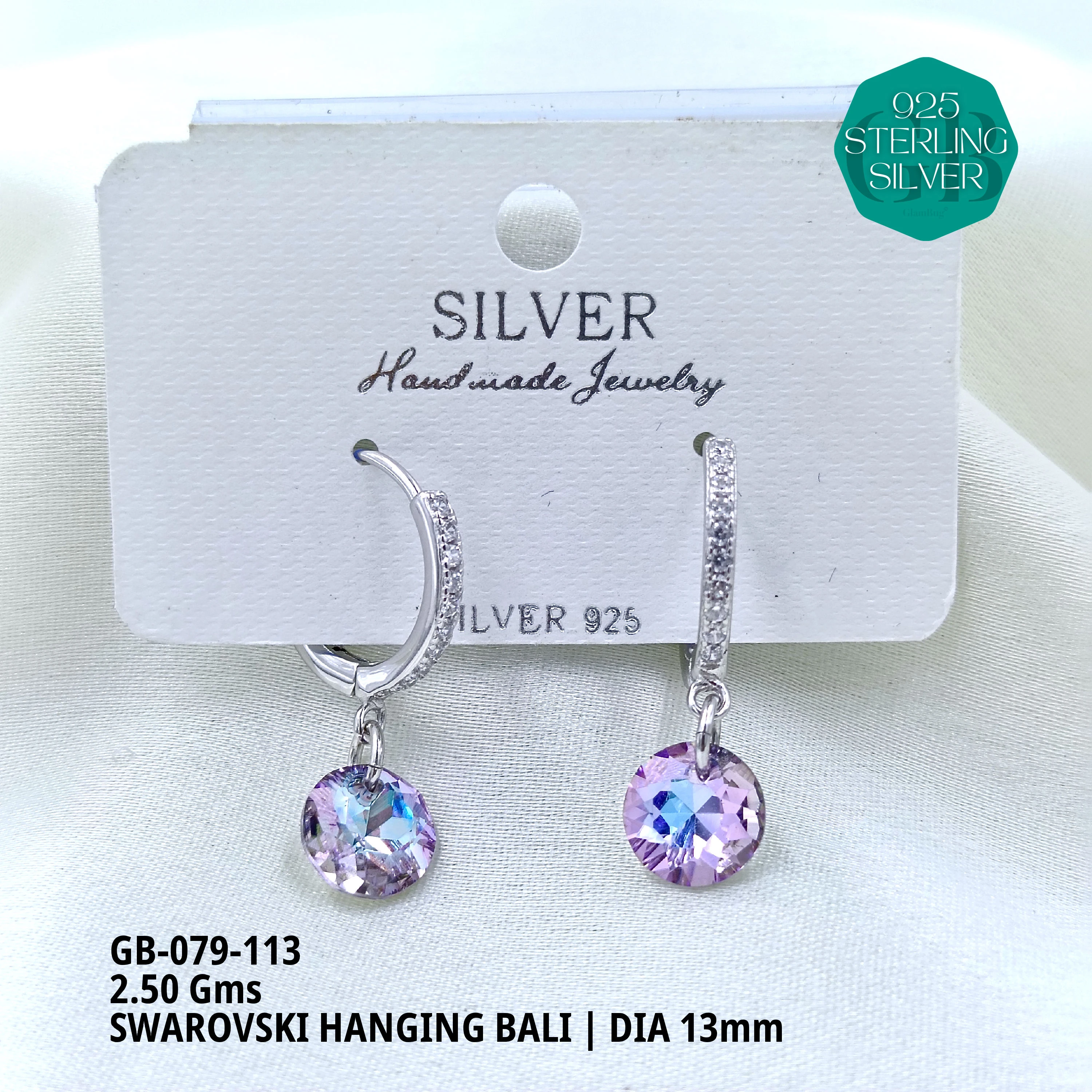 SWAROVSKI HANGNING BALI - Premium 925 Silver Jewellery - SKU: GB-079-113 - Hyderabad Silver Importers
