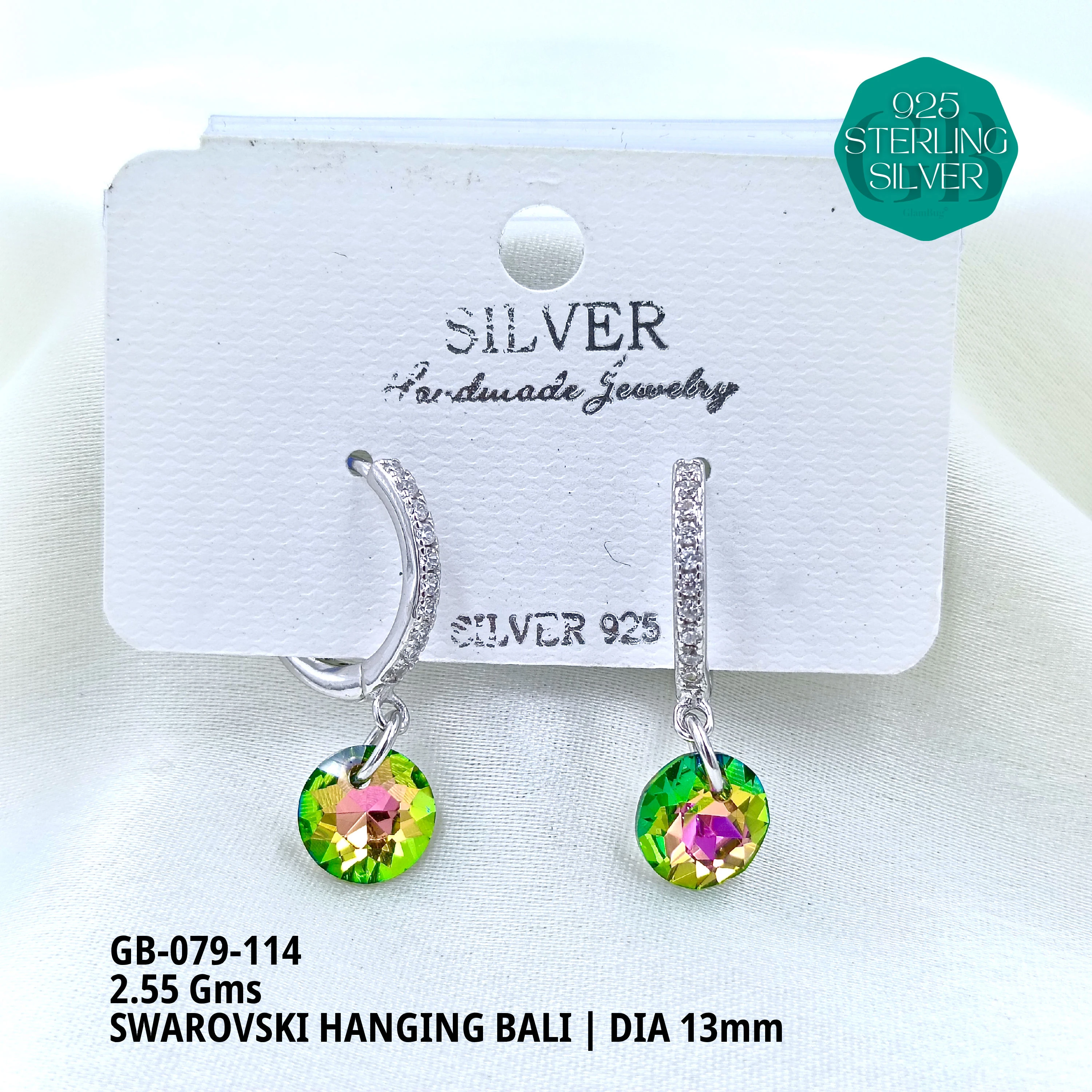 SWAROVSKI HANGNING BALI - Premium 925 Silver Jewellery - SKU: GB-079-114 - Hyderabad Silver Importers