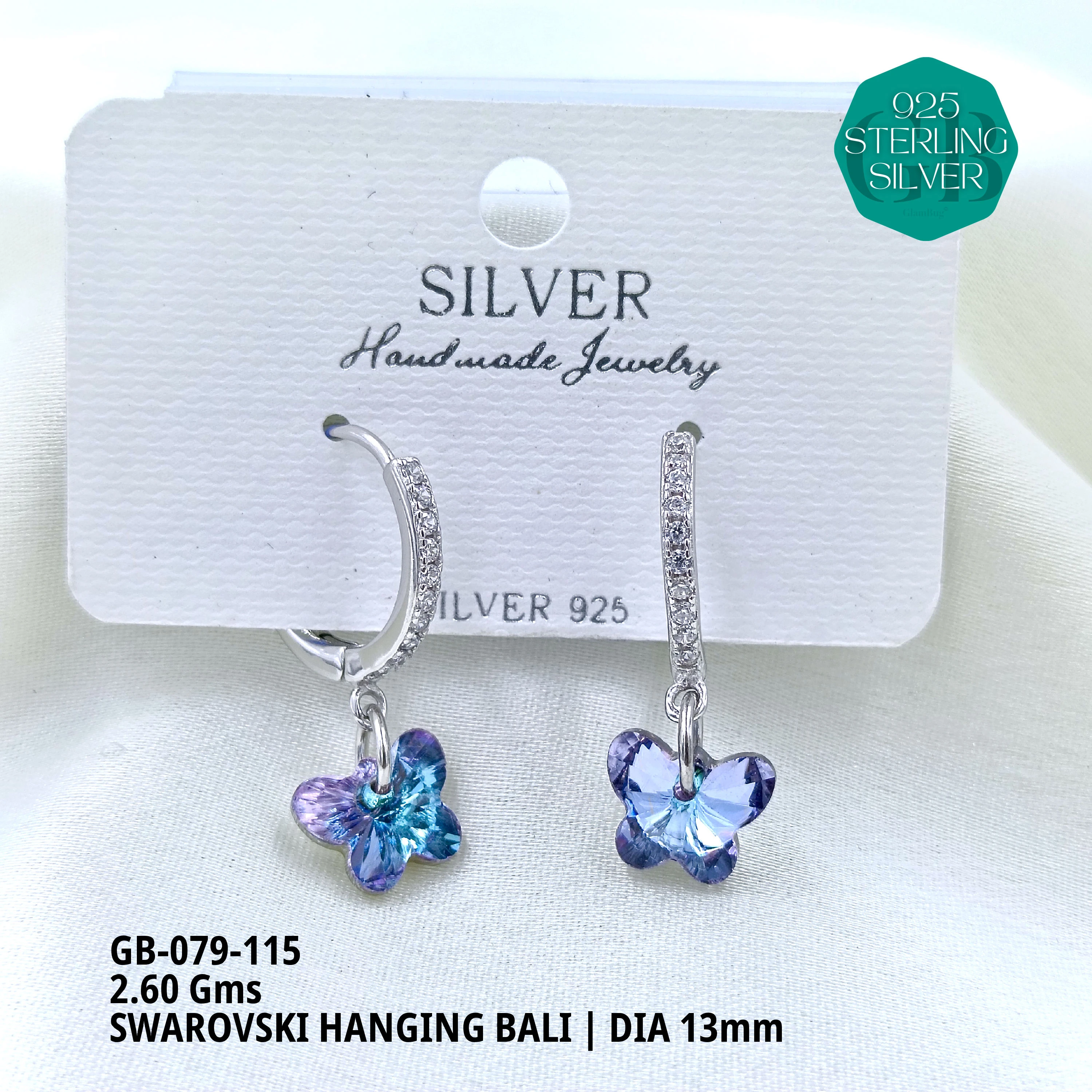 SWAROVSKI HANGNING BALI - Premium 925 Silver Jewellery - SKU: GB-079-115 - Hyderabad Silver Importers