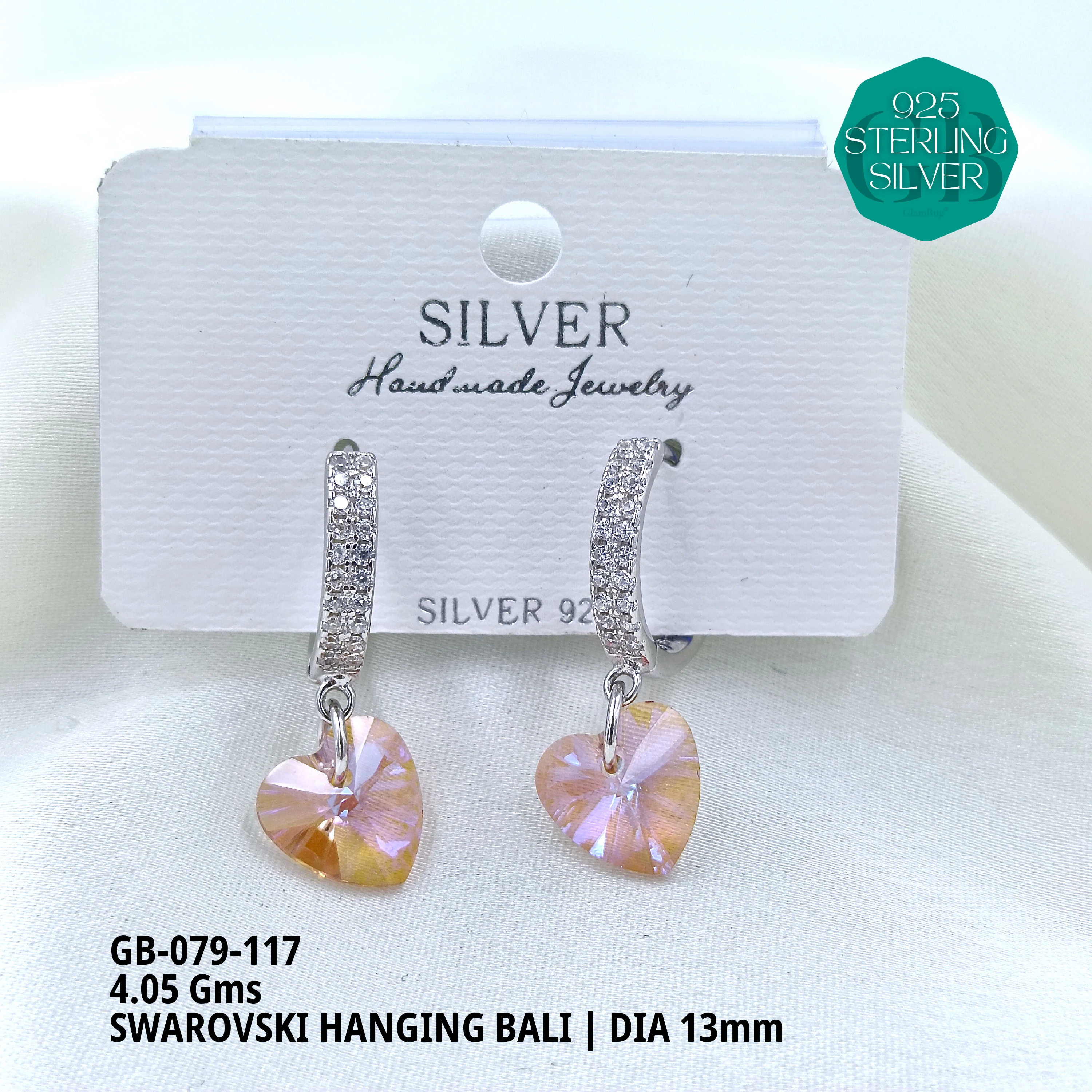 SWAROVSKI HANGNING BALI - Premium 925 Silver Jewellery - SKU: GB-079-117 - Hyderabad Silver Importers