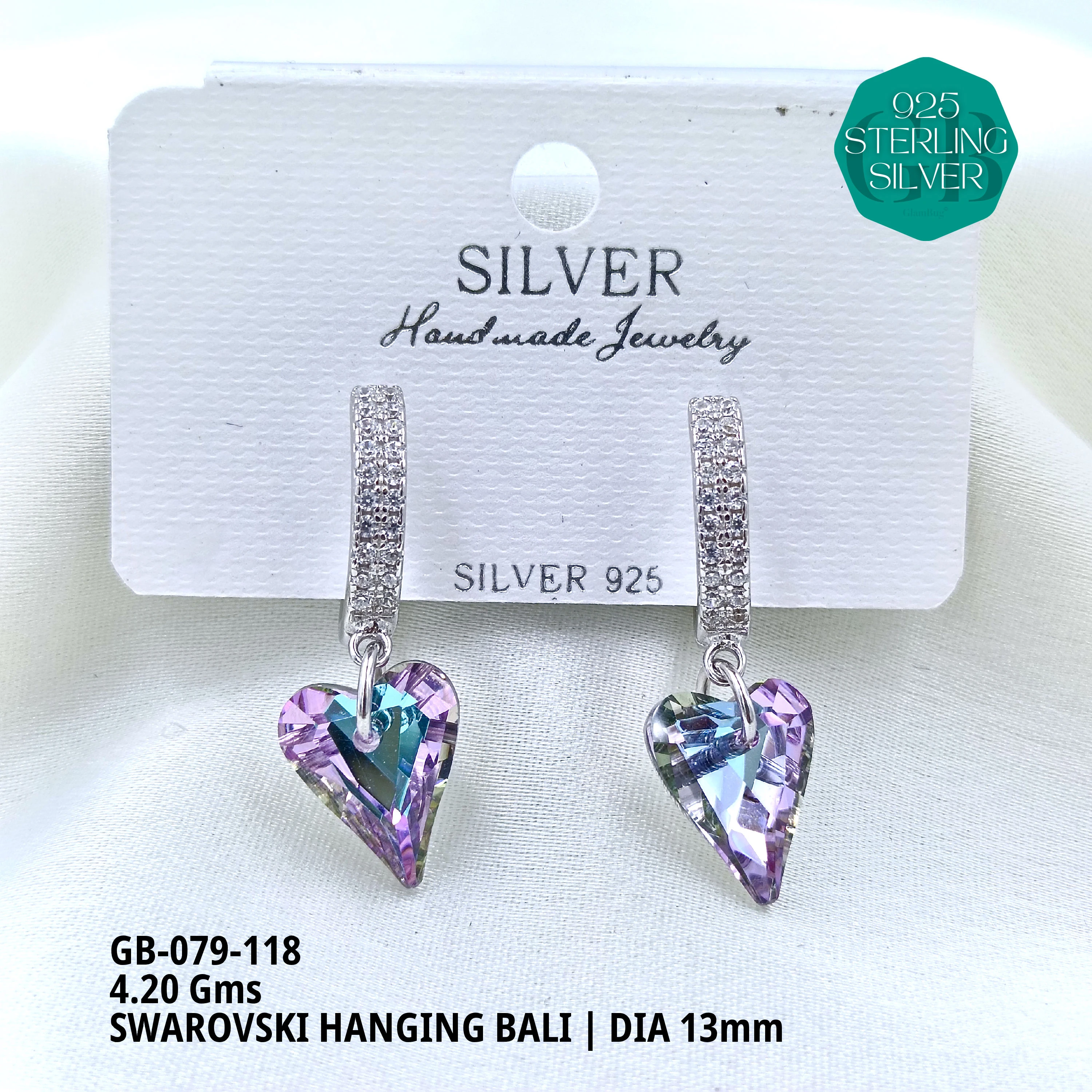 SWAROVSKI HANGNING BALI - Premium 925 Silver Jewellery - SKU: GB-079-118 - Hyderabad Silver Importers