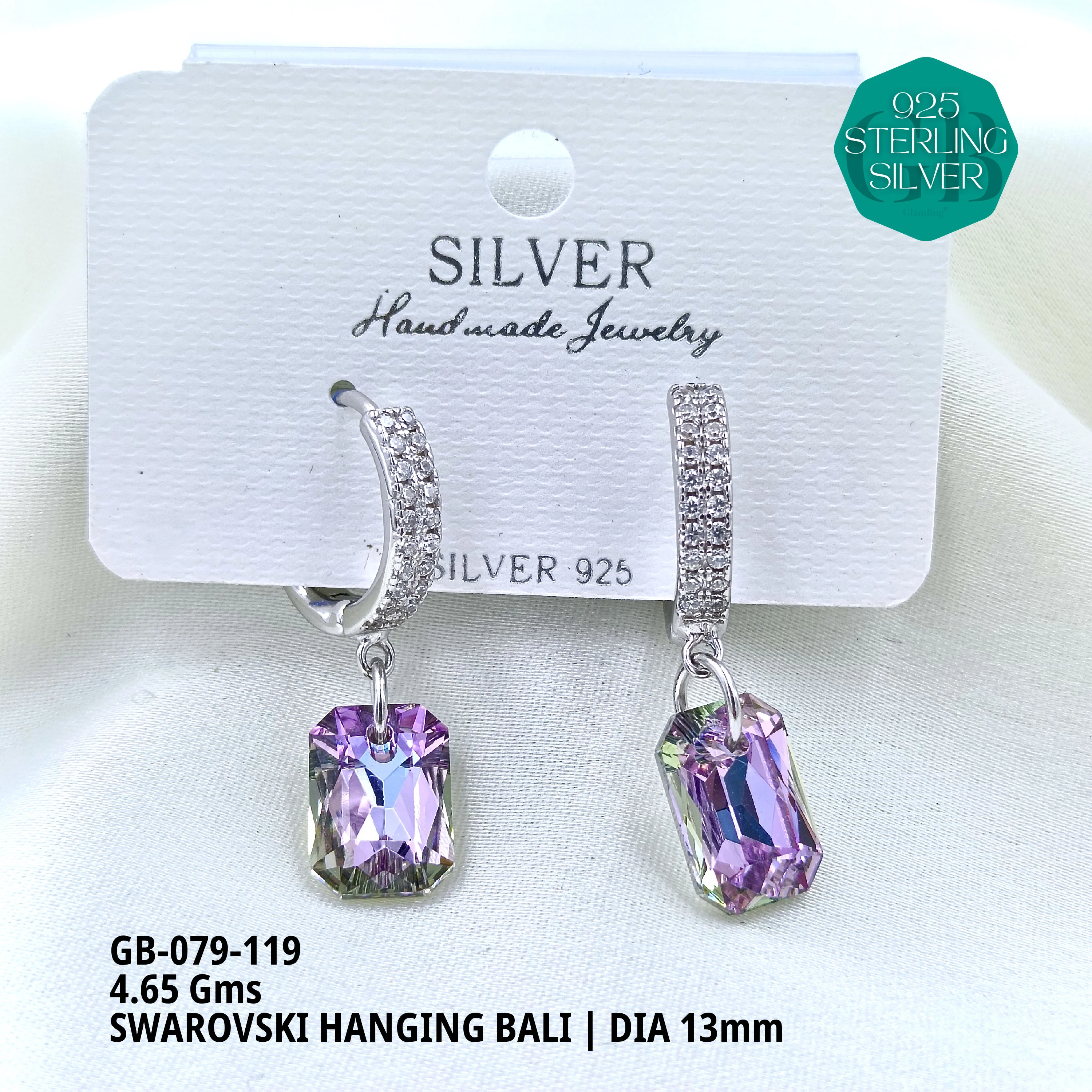 SWAROVSKI HANGNING BALI - Premium 925 Silver Jewellery - SKU: GB-079-119 - Hyderabad Silver Importers