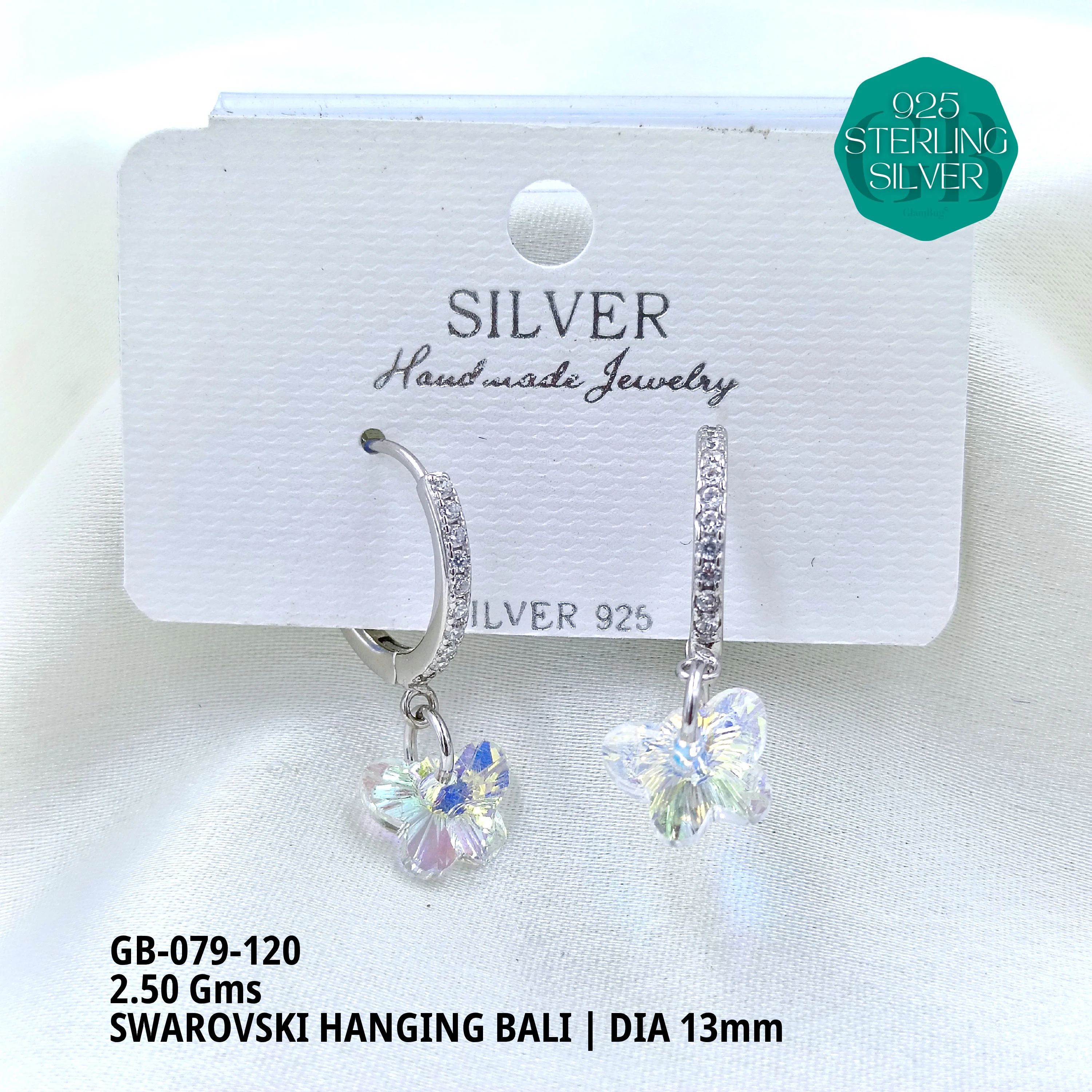 SWAROVSKI HANGNING BALI - Premium 925 Silver Jewellery - SKU: GB-079-120 - Hyderabad Silver Importers