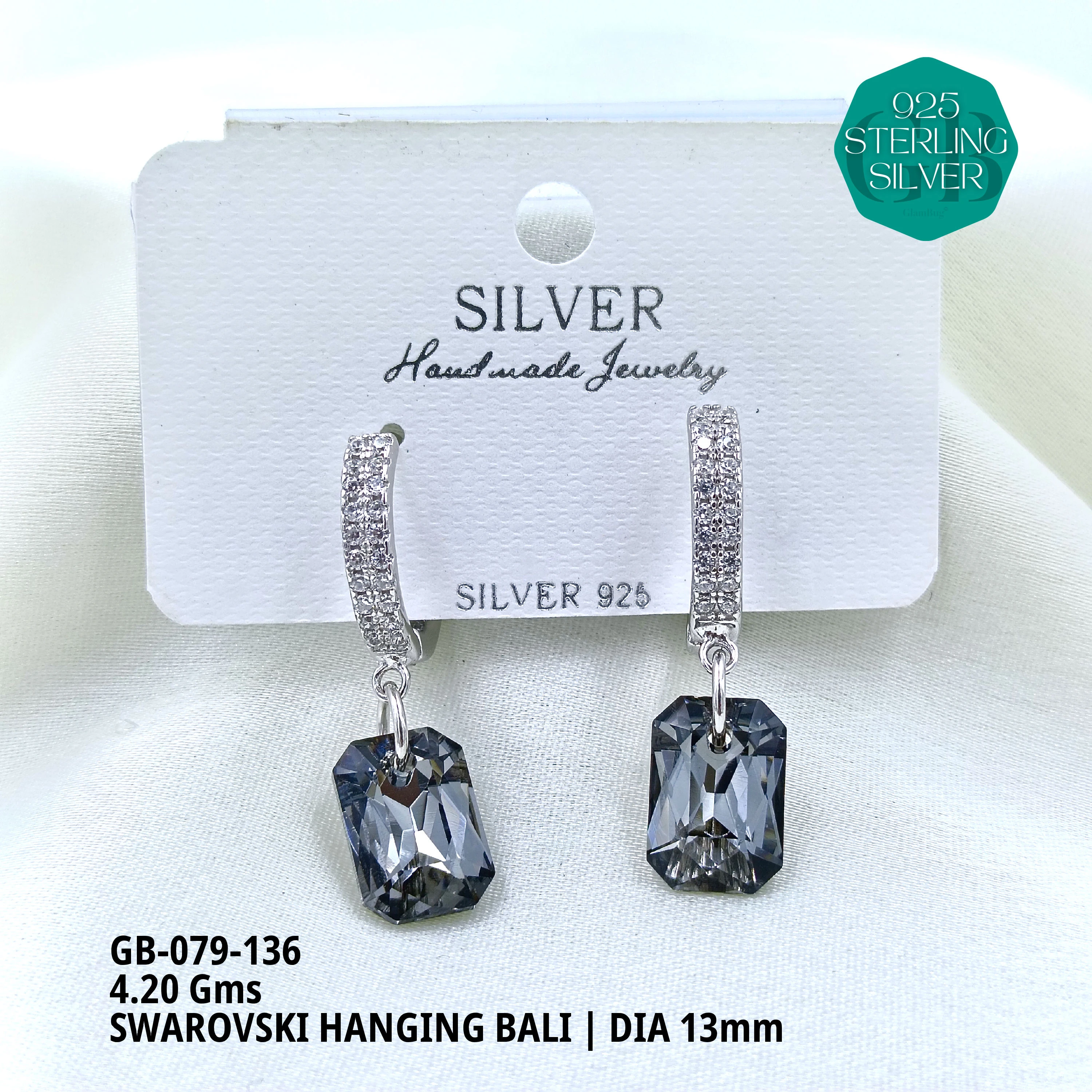 SWAROVSKI HANGNING BALI - Premium 925 Silver Jewellery - SKU: GB-079-136 - Hyderabad Silver Importers