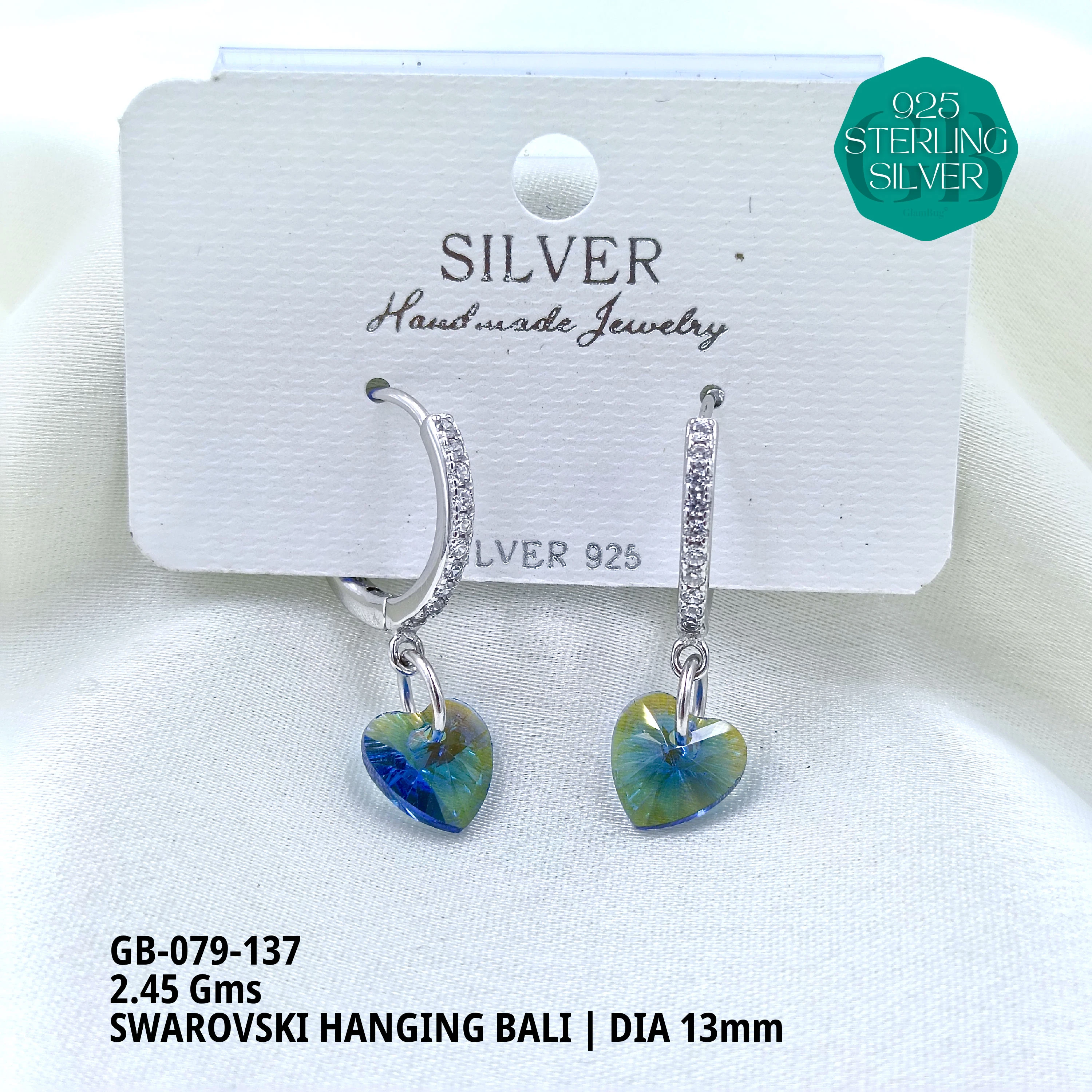 SWAROVSKI HANGNING BALI - Premium 925 Silver Jewellery - SKU: GB-079-137 - Hyderabad Silver Importers