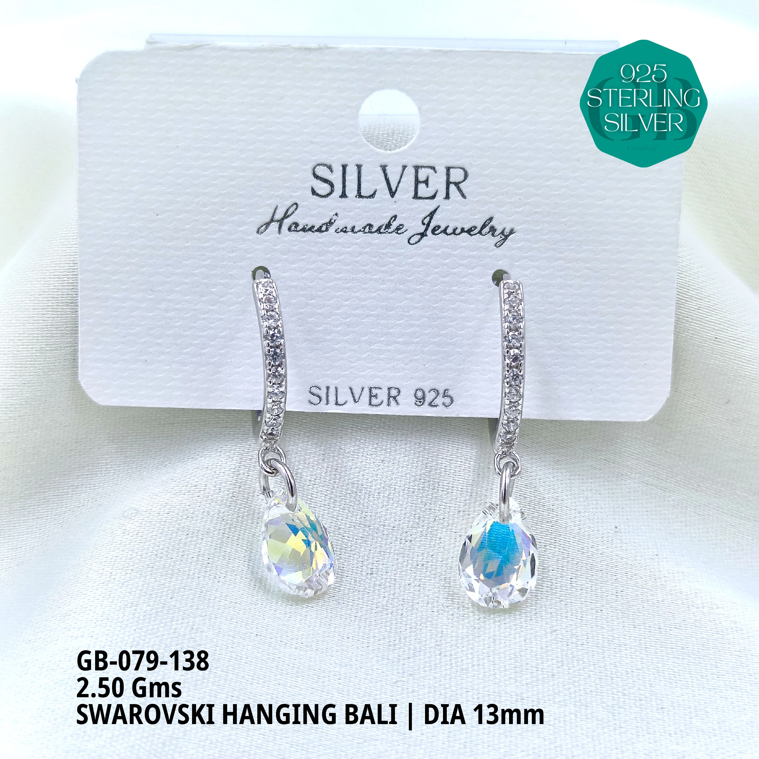 SWAROVSKI HANGNING BALI - Premium 925 Silver Jewellery - SKU: GB-079-138 - Hyderabad Silver Importers