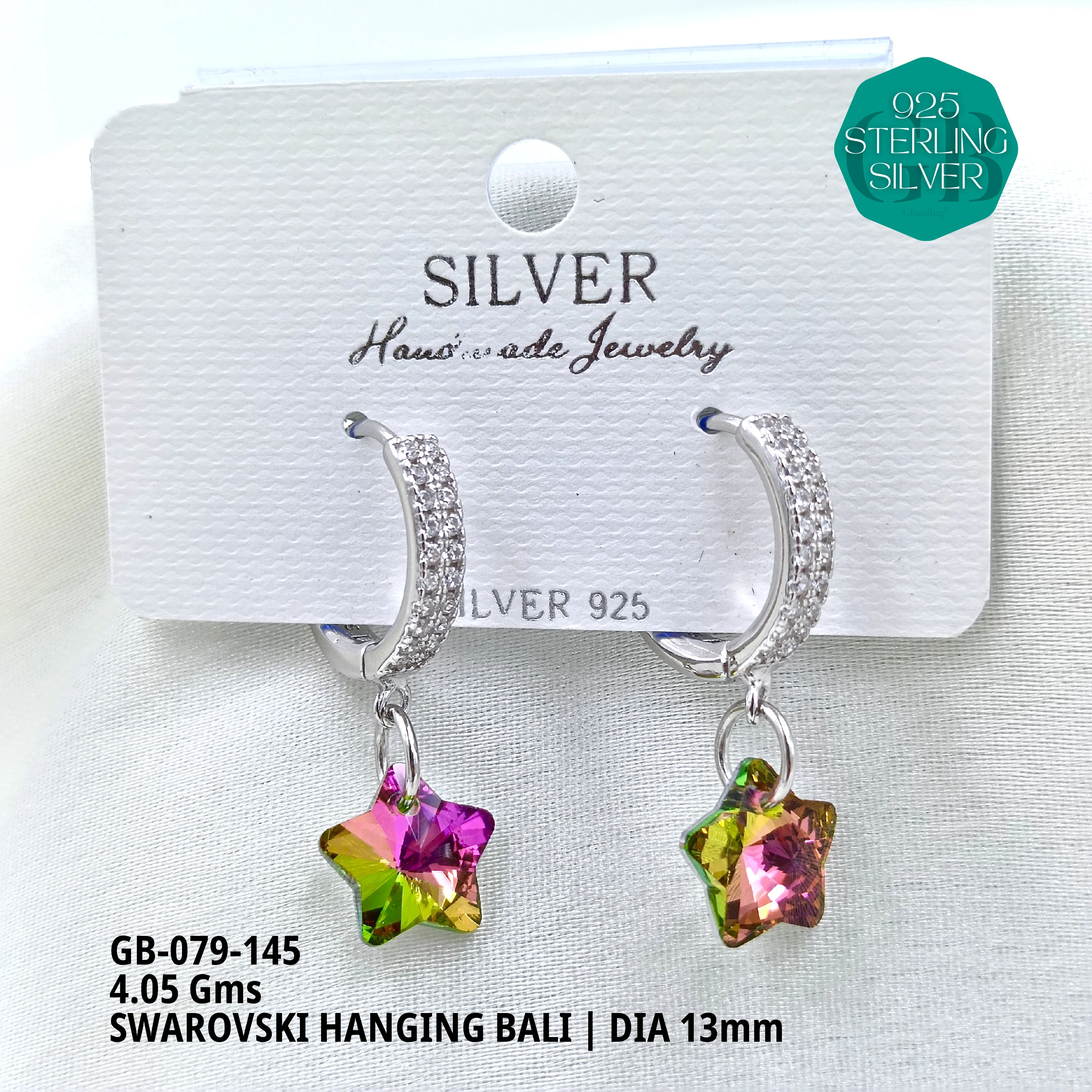 SWAROVSKI HANGNING BALI - Premium 925 Silver Jewellery - SKU: GB-079-145 - Hyderabad Silver Importers