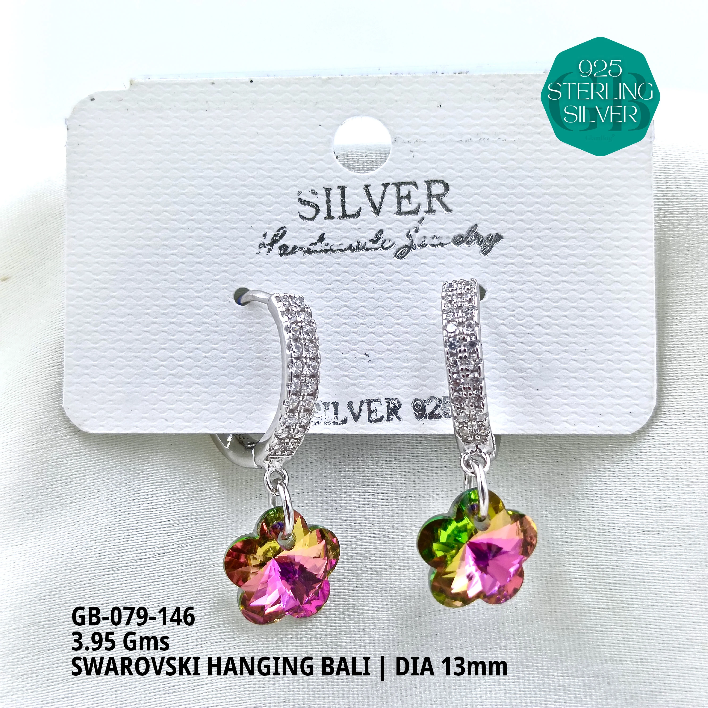 SWAROVSKI HANGNING BALI - Premium 925 Silver Jewellery - SKU: GB-079-146 - Hyderabad Silver Importers