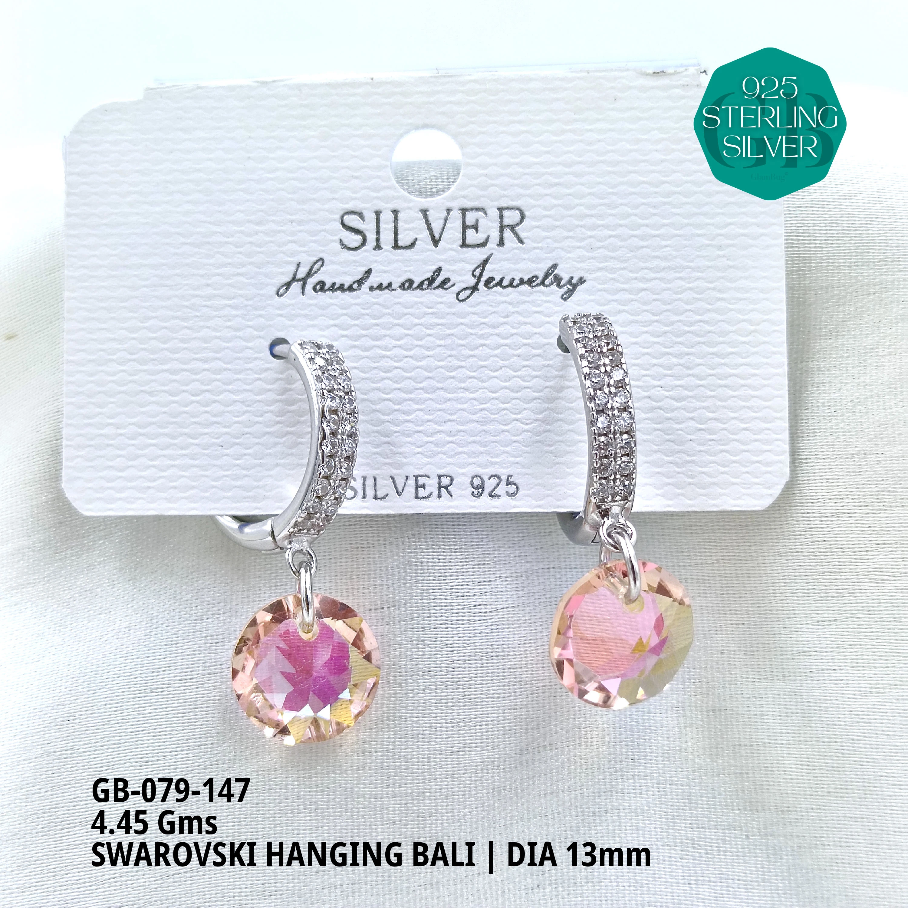 SWAROVSKI HANGNING BALI - Premium 925 Silver Jewellery - SKU: GB-079-147 - Hyderabad Silver Importers