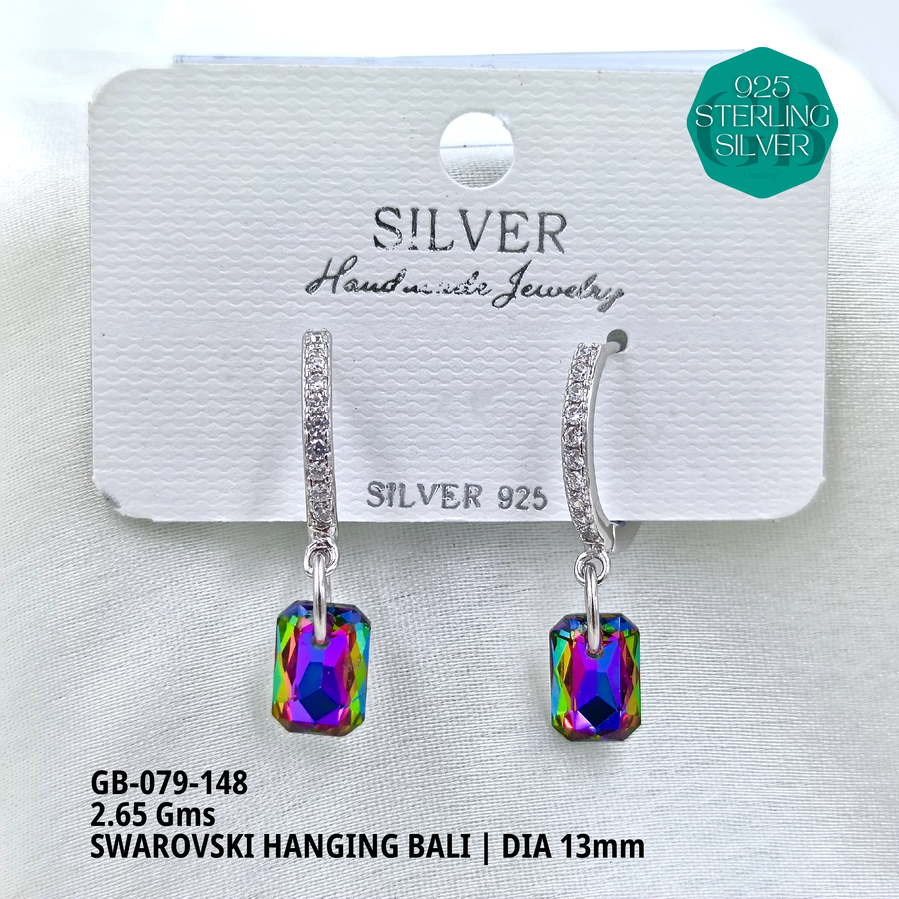 SWAROVSKI HANGNING BALI - Premium 925 Silver Jewellery - SKU: GB-079-148 - Hyderabad Silver Importers