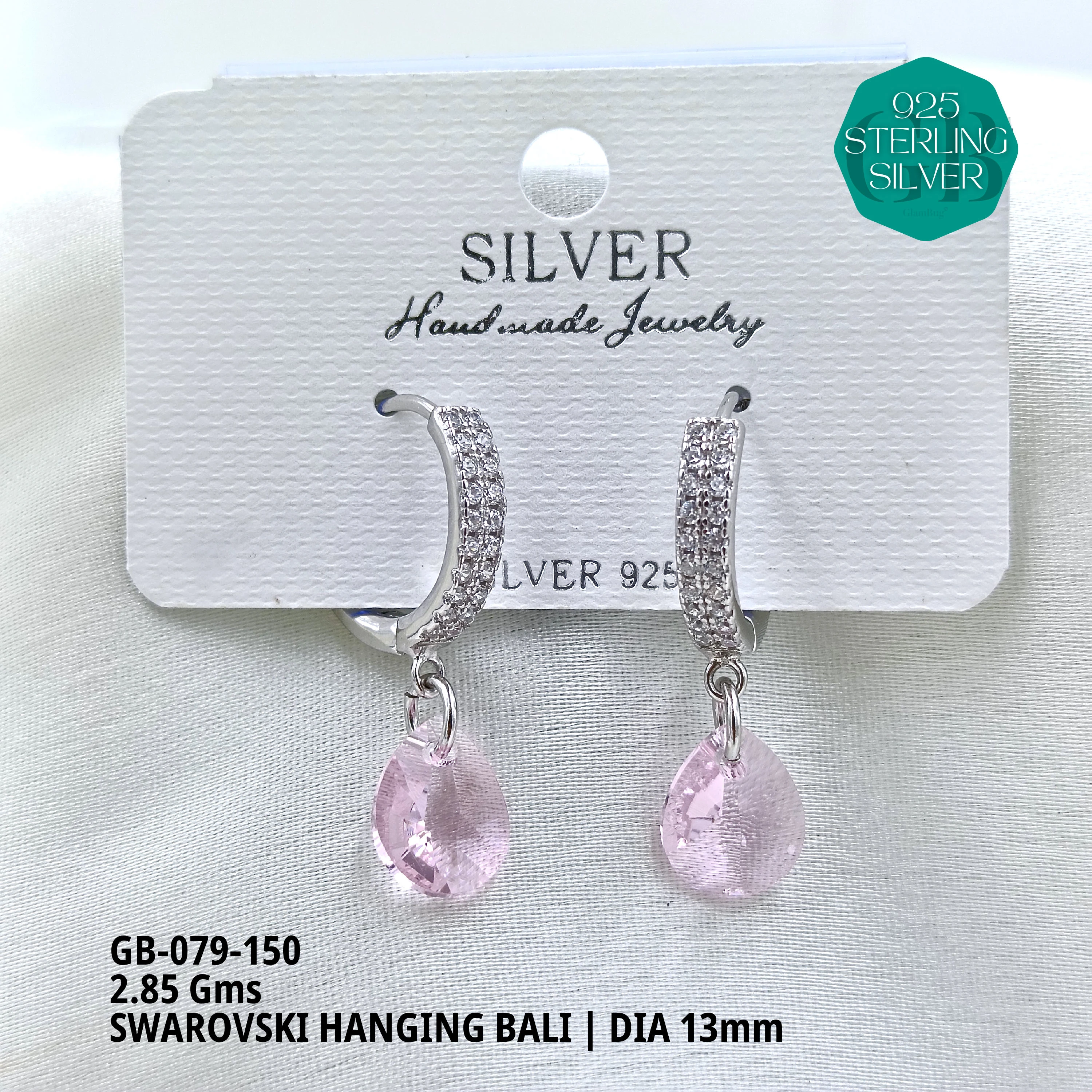 SWAROVSKI HANGNING BALI - Premium 925 Silver Jewellery - SKU: GB-079-150 - Hyderabad Silver Importers