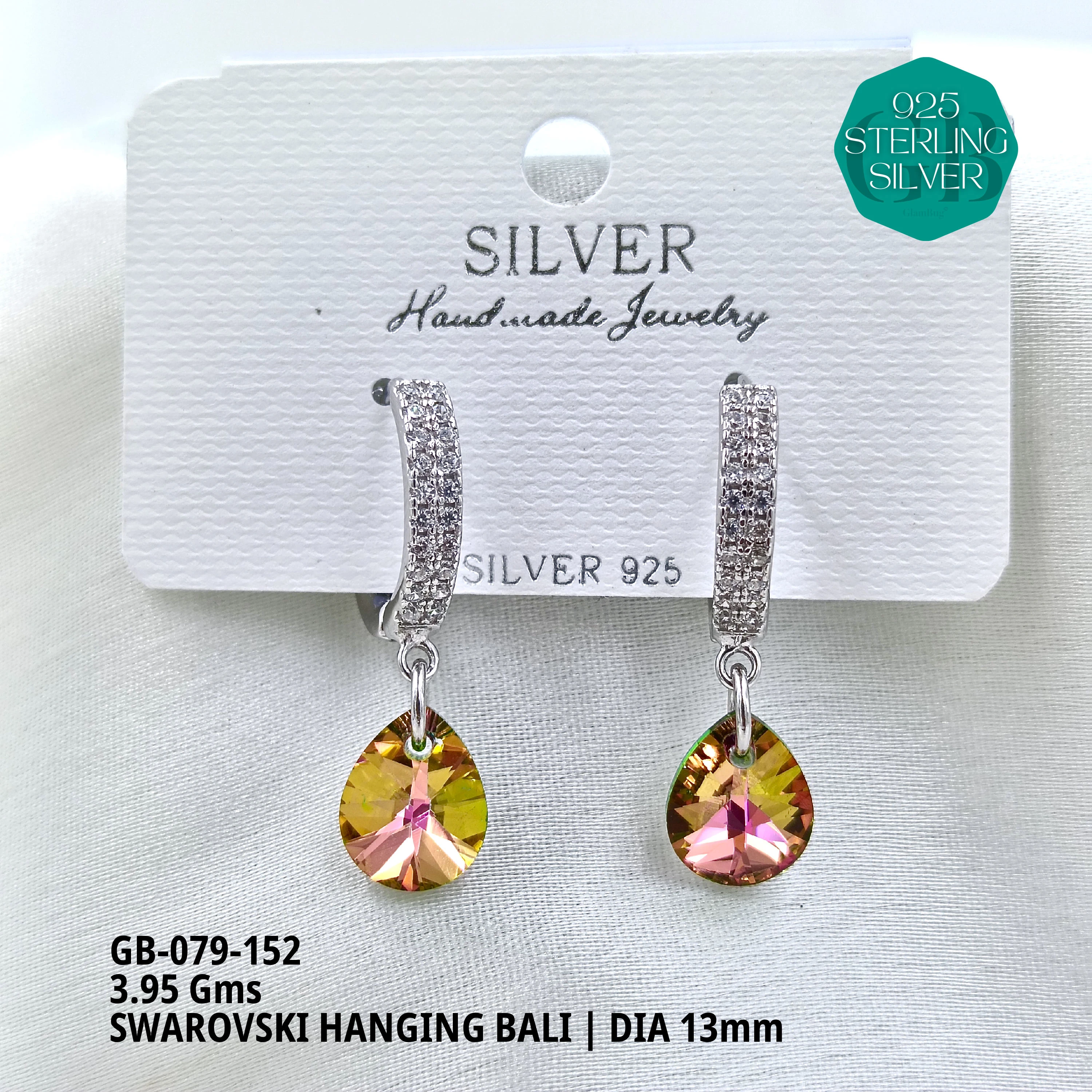 SWAROVSKI HANGNING BALI - Premium 925 Silver Jewellery - SKU: GB-079-152 - Hyderabad Silver Importers