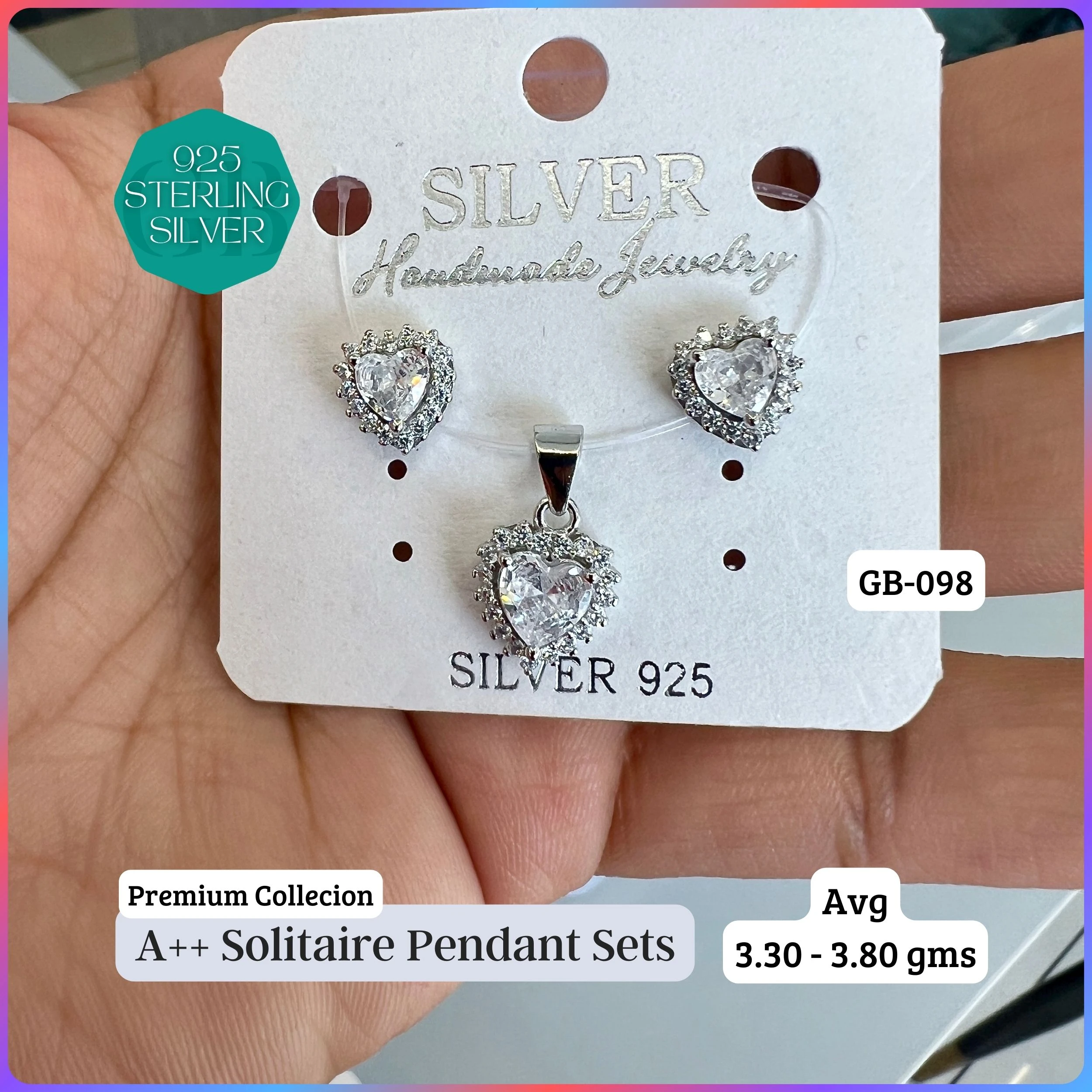 CENTER WHITE SOLITAIRE PENDANT SET - Premium 925 Silver Jewellery - SKU: GB-098-001 - Hyderabad Silver Importers