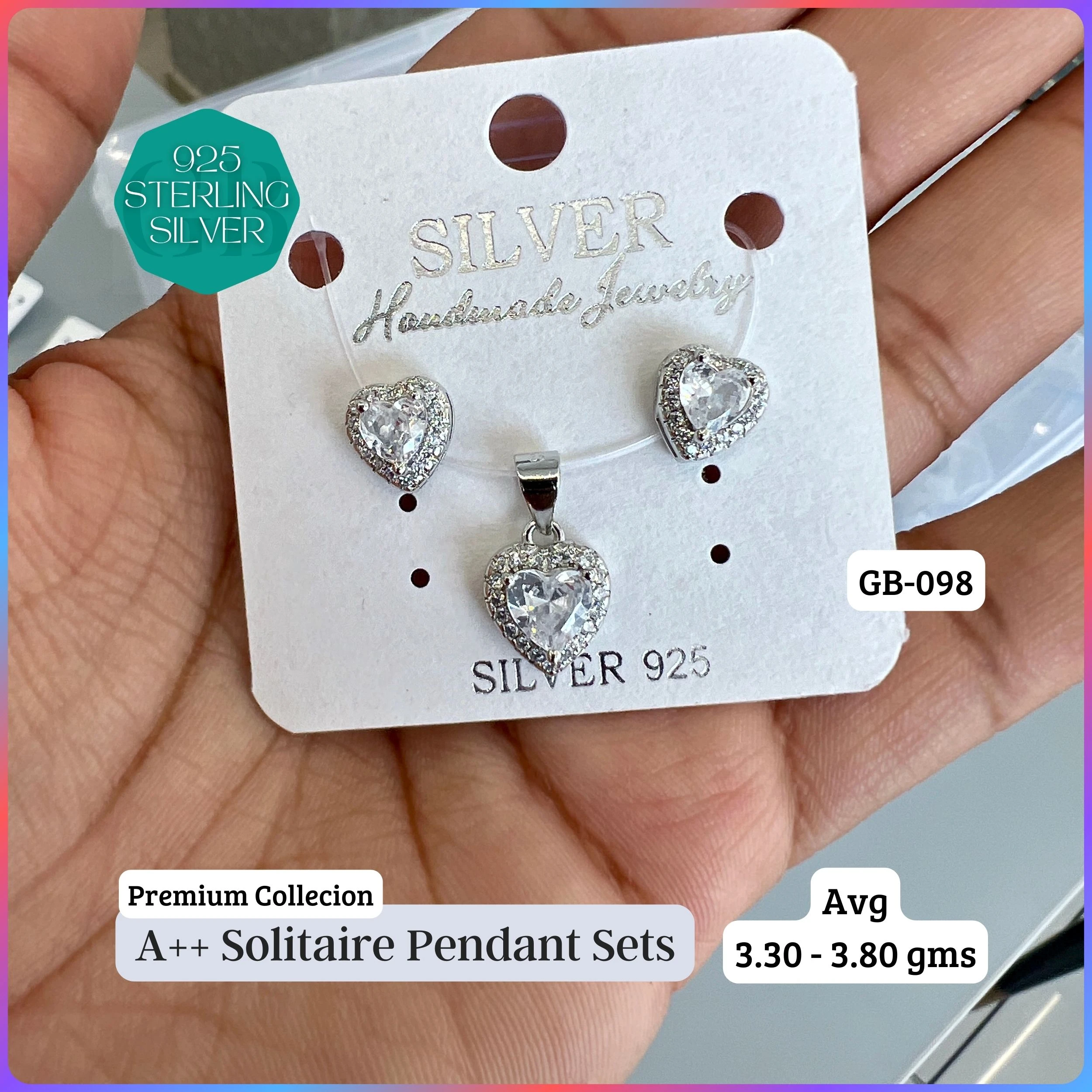CENTER WHITE SOLITAIRE PENDANT SET - Premium 925 Silver Jewellery - SKU: GB-098-002 - Hyderabad Silver Importers