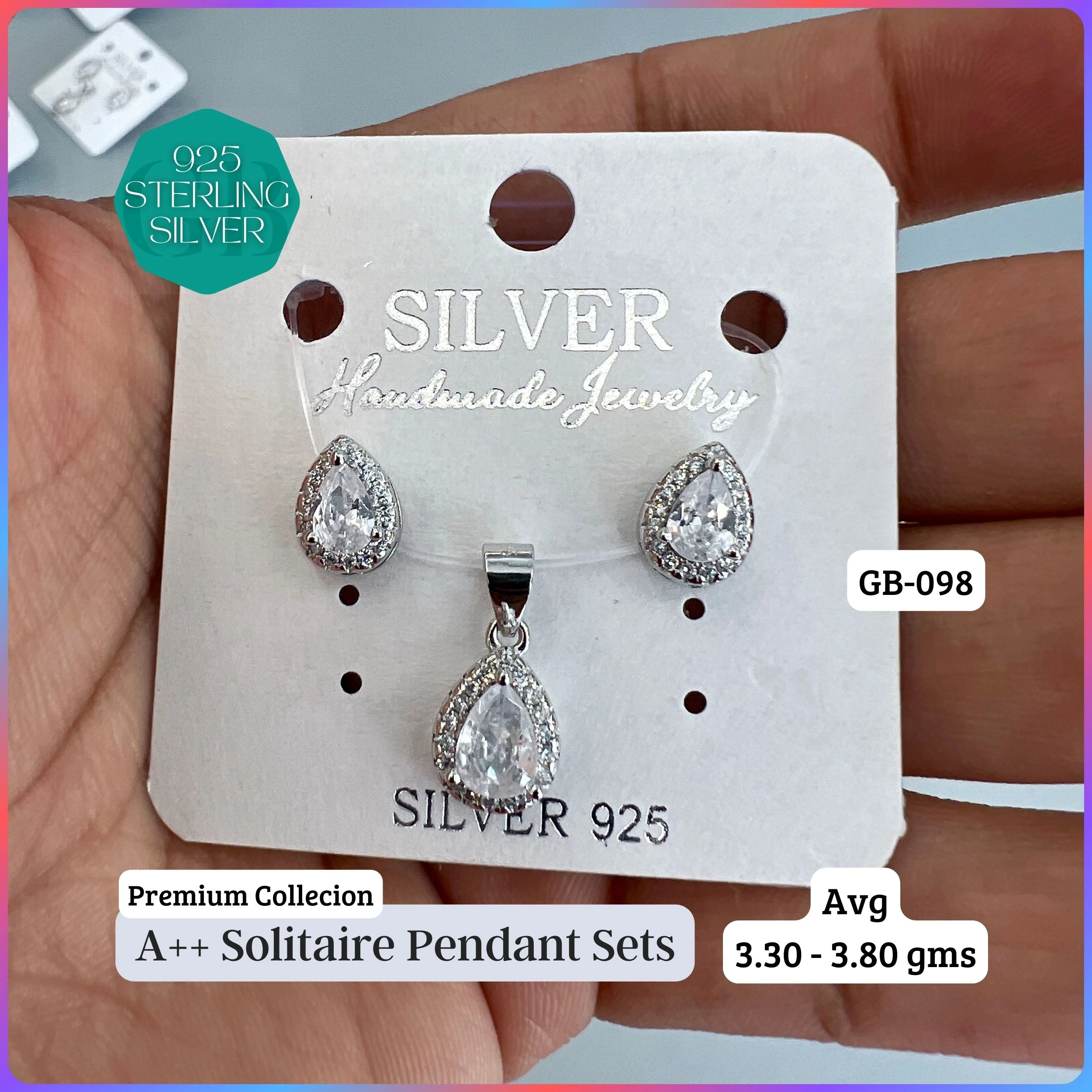 CENTER WHITE SOLITAIRE PENDANT SET - Premium 925 Silver Jewellery - SKU: GB-098-003 - Hyderabad Silver Importers