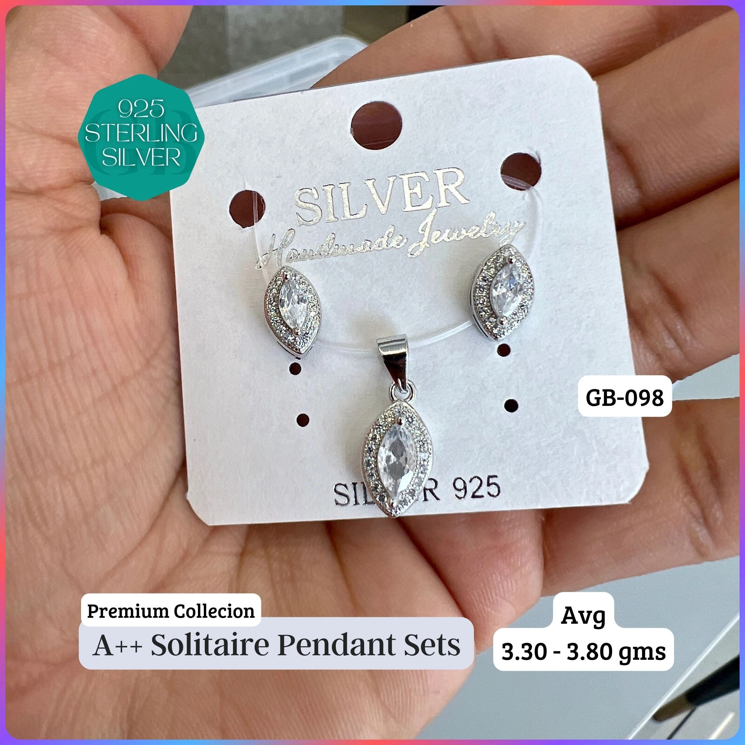 CENTER WHITE SOLITAIRE PENDANT SET - Premium 925 Silver Jewellery - SKU: GB-098-004 - Hyderabad Silver Importers