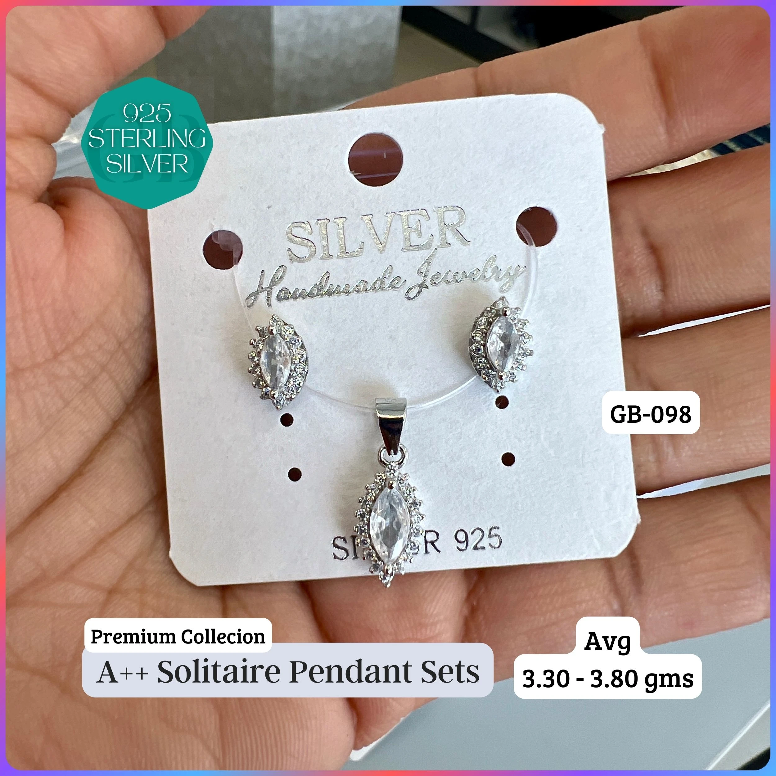 CENTER WHITE SOLITAIRE PENDANT SET - Premium 925 Silver Jewellery - SKU: GB-098-005 - Hyderabad Silver Importers