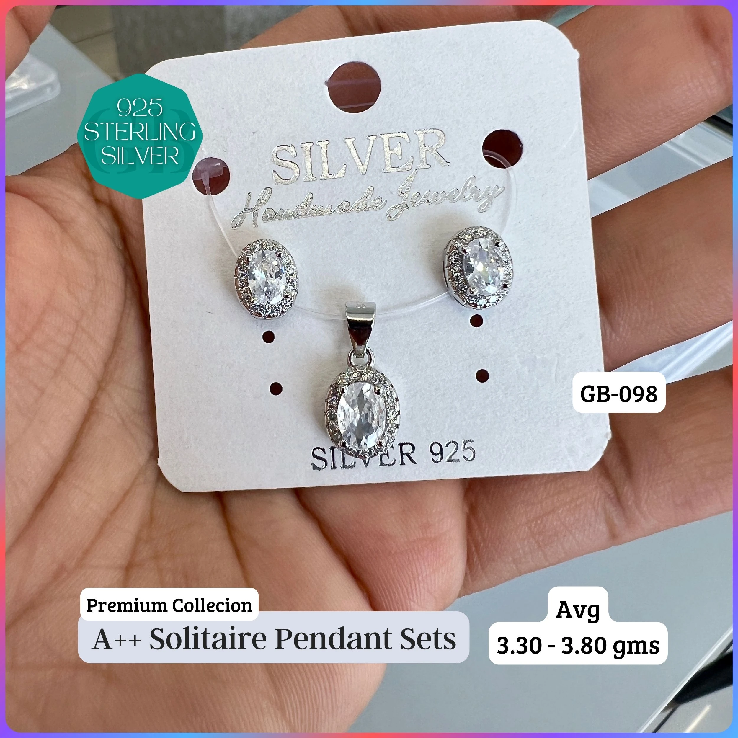 CENTER WHITE SOLITAIRE PENDANT SET - Premium 925 Silver Jewellery - SKU: GB-098-006 - Hyderabad Silver Importers