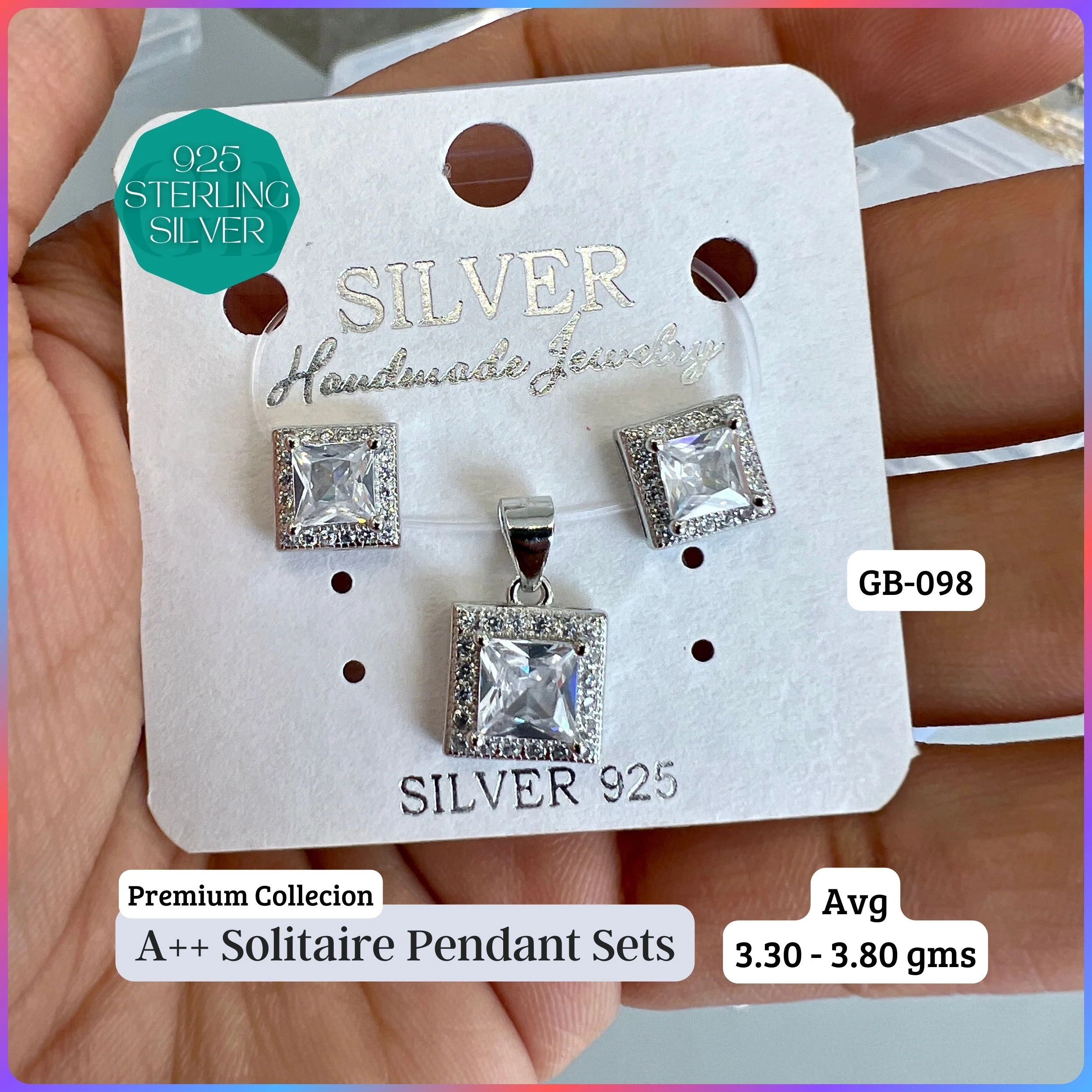 CENTER WHITE SOLITAIRE PENDANT SET - Premium 925 Silver Jewellery - SKU: GB-098-007 - Hyderabad Silver Importers