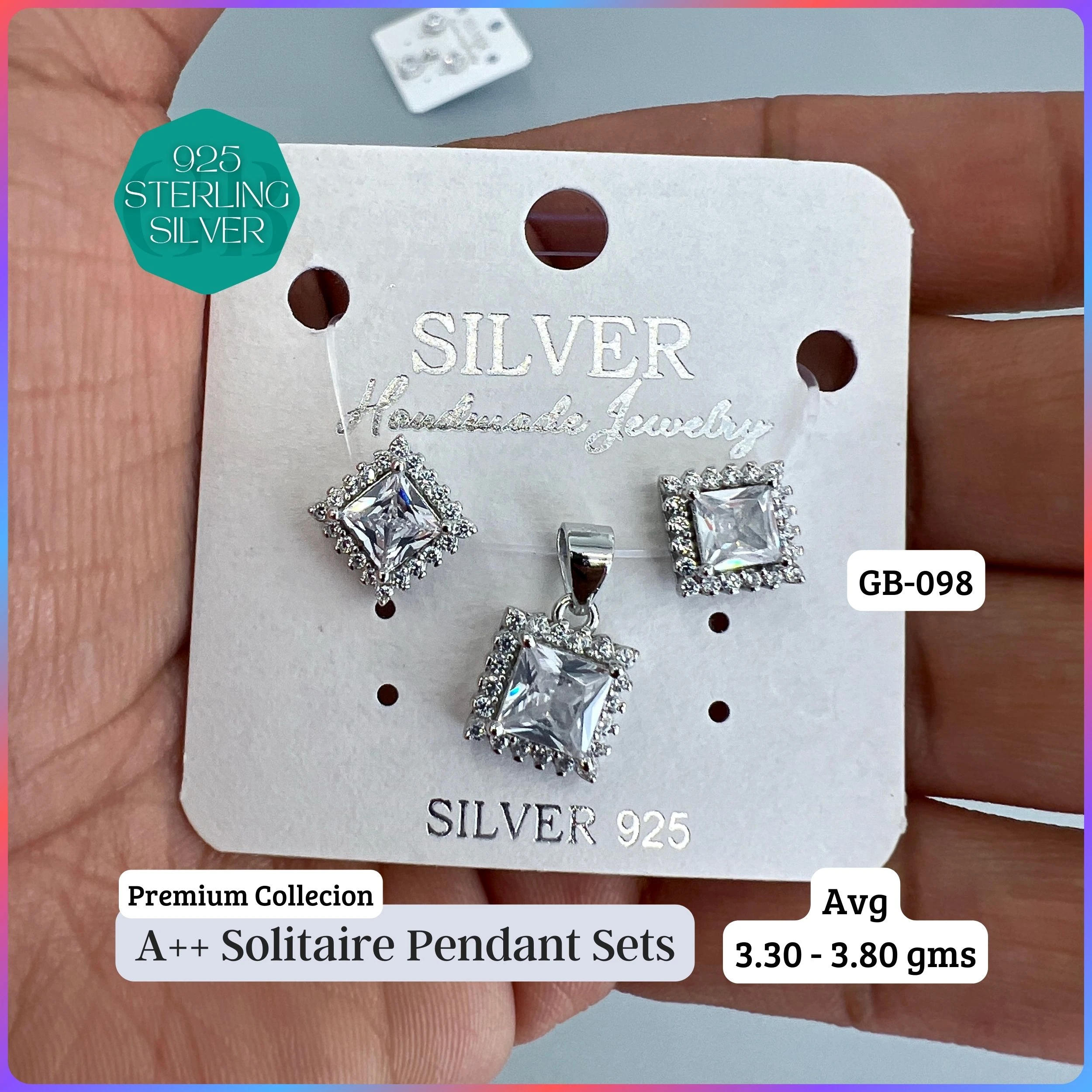 CENTER WHITE SOLITAIRE PENDANT SET - Premium 925 Silver Jewellery - SKU: GB-098-008 - Hyderabad Silver Importers