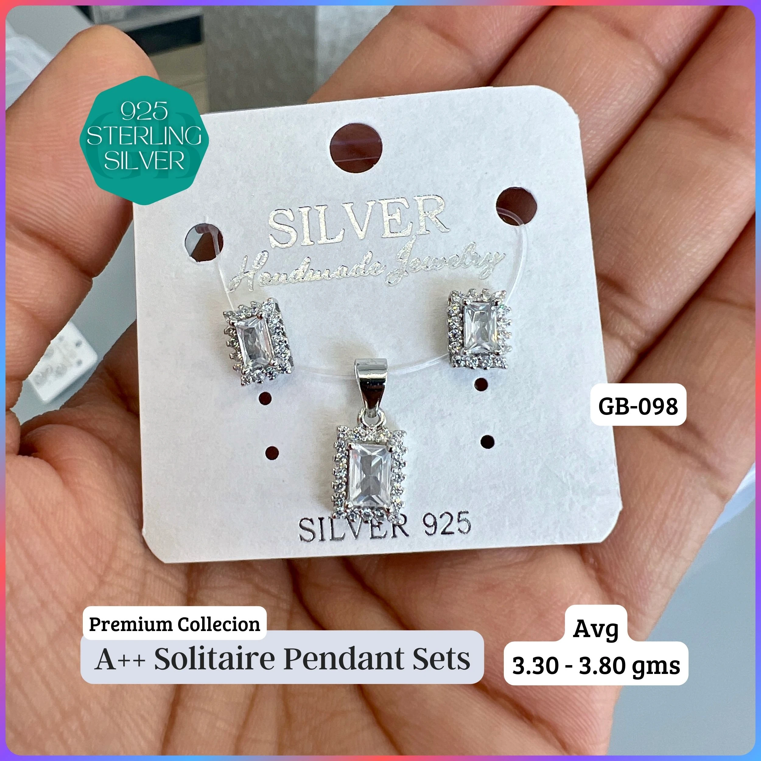 CENTER WHITE SOLITAIRE PENDANT SET - Premium 925 Silver Jewellery - SKU: GB-098-009 - Hyderabad Silver Importers