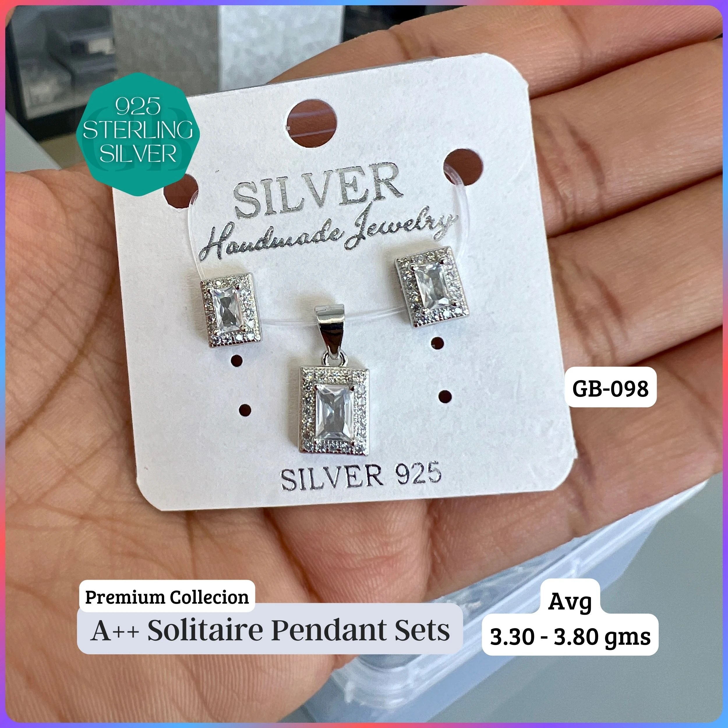 CENTER WHITE SOLITAIRE PENDANT SET - Premium 925 Silver Jewellery - SKU: GB-098-010 - Hyderabad Silver Importers