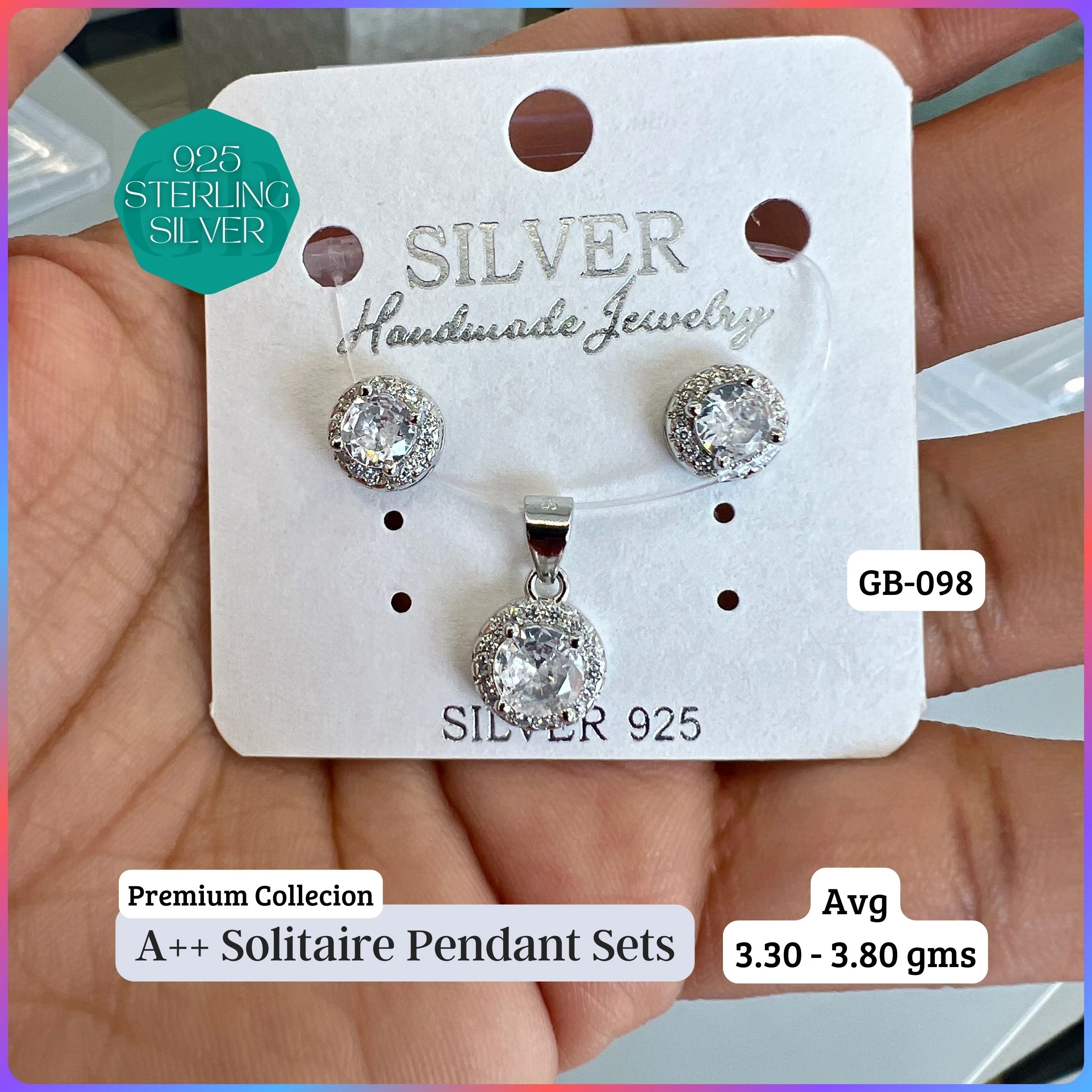 CENTER WHITE SOLITAIRE PENDANT SET - Premium 925 Silver Jewellery - SKU: GB-098-011 - Hyderabad Silver Importers