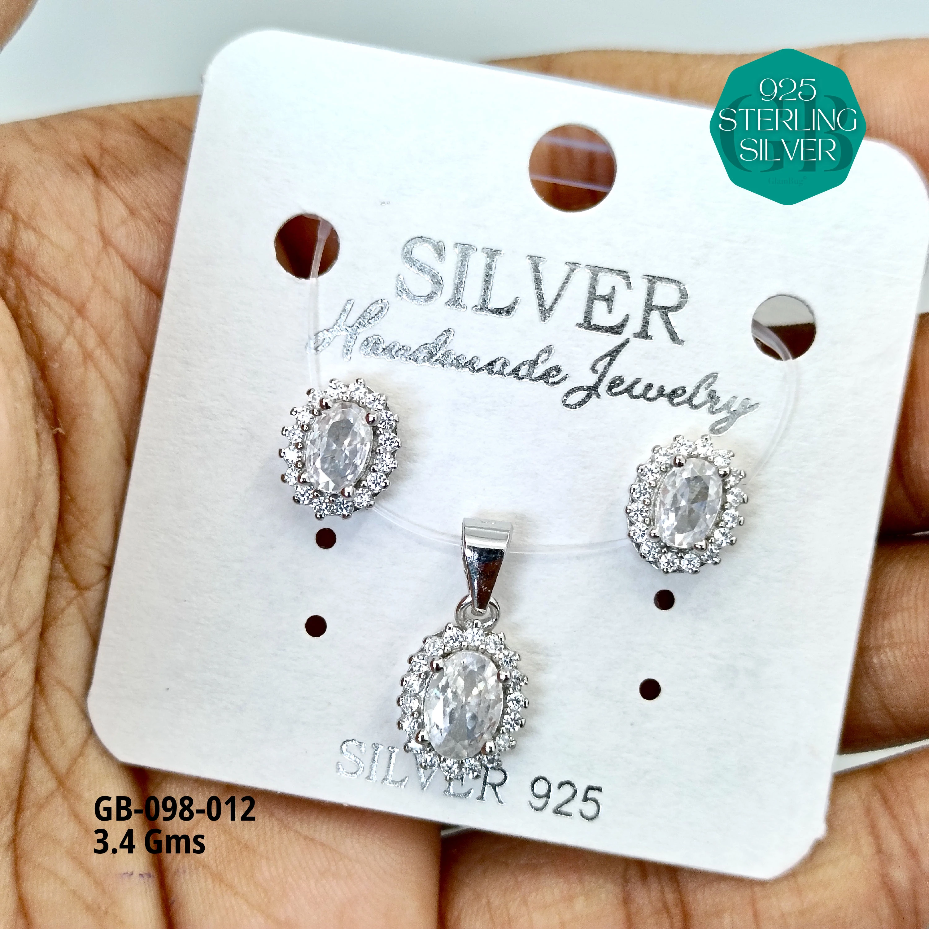 CENTER WHITE SOLITAIRE PENDANT SET - Premium 925 Silver Jewellery - SKU: GB-098-012 - Hyderabad Silver Importers
