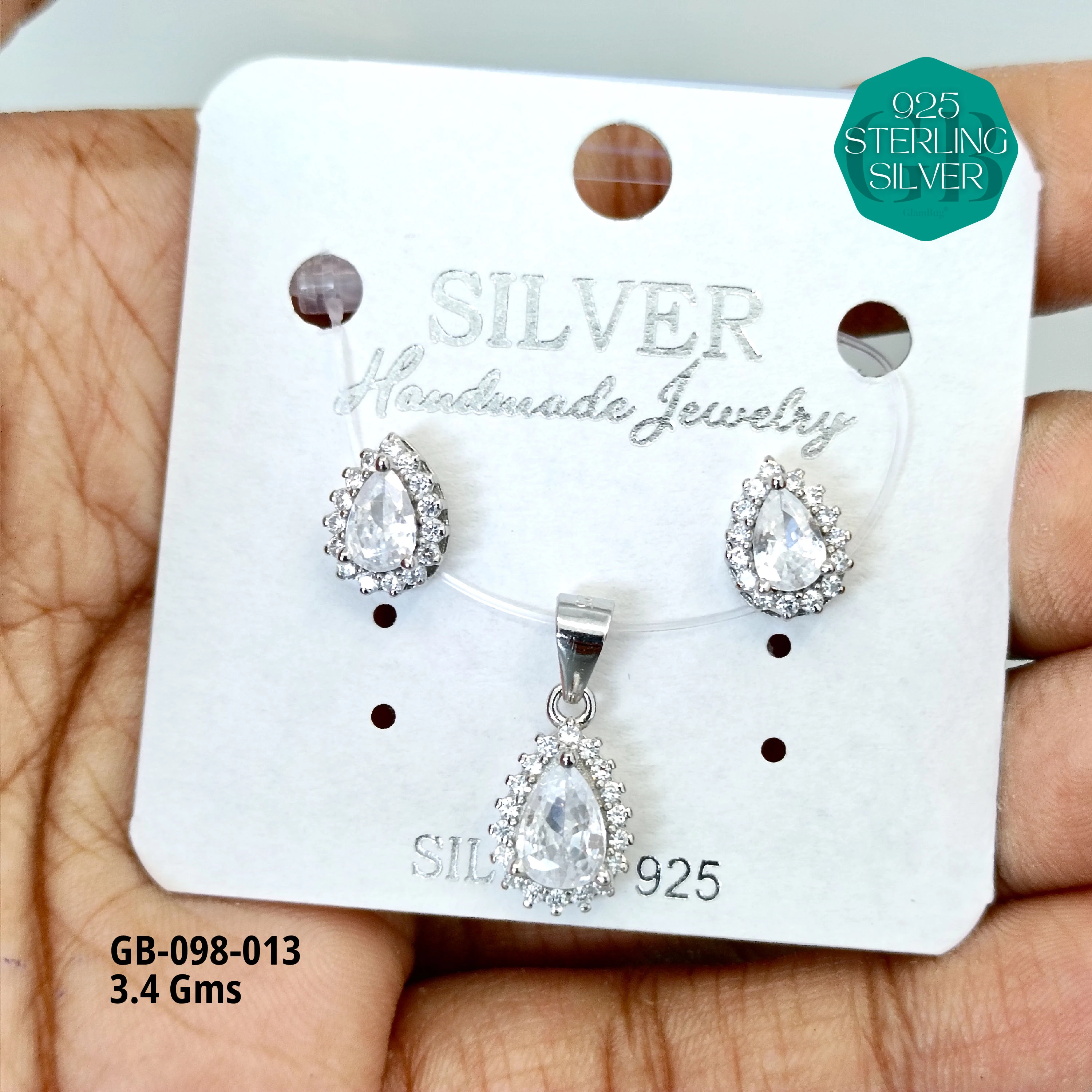 CENTER WHITE SOLITAIRE PENDANT SET - Premium 925 Silver Jewellery - SKU: GB-098-013 - Hyderabad Silver Importers