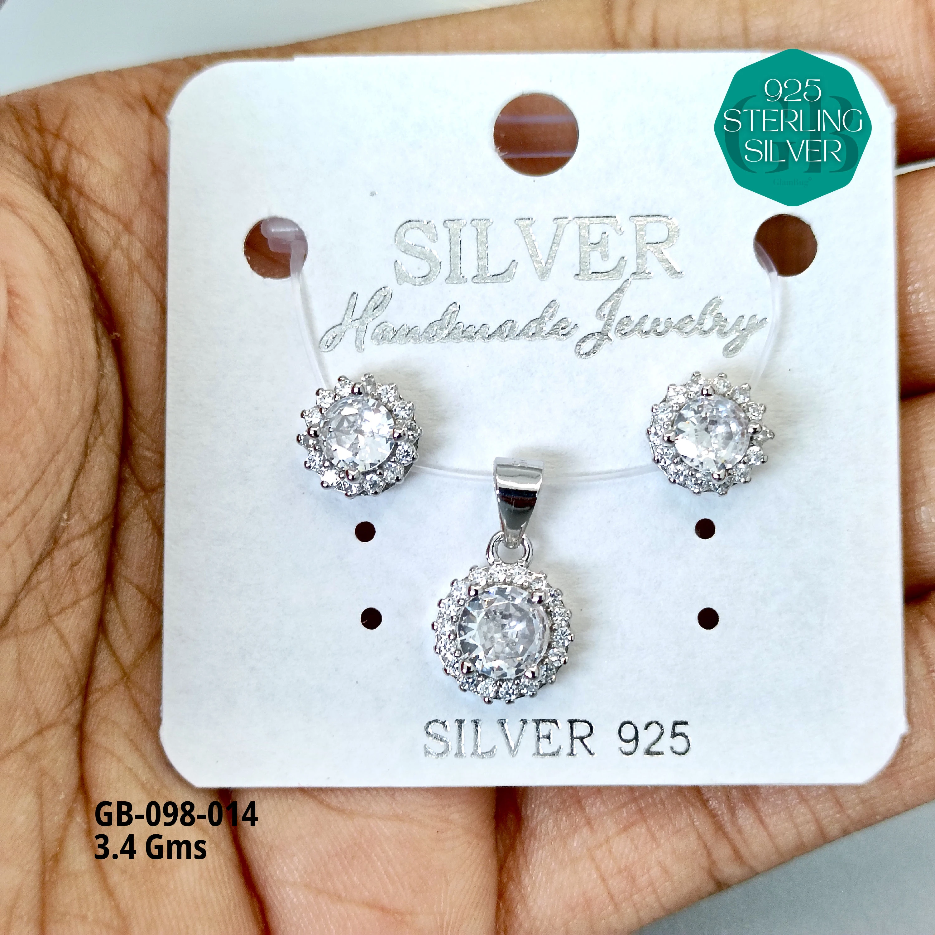 CENTER WHITE SOLITAIRE PENDANT SET - Premium 925 Silver Jewellery - SKU: GB-098-014 - Hyderabad Silver Importers