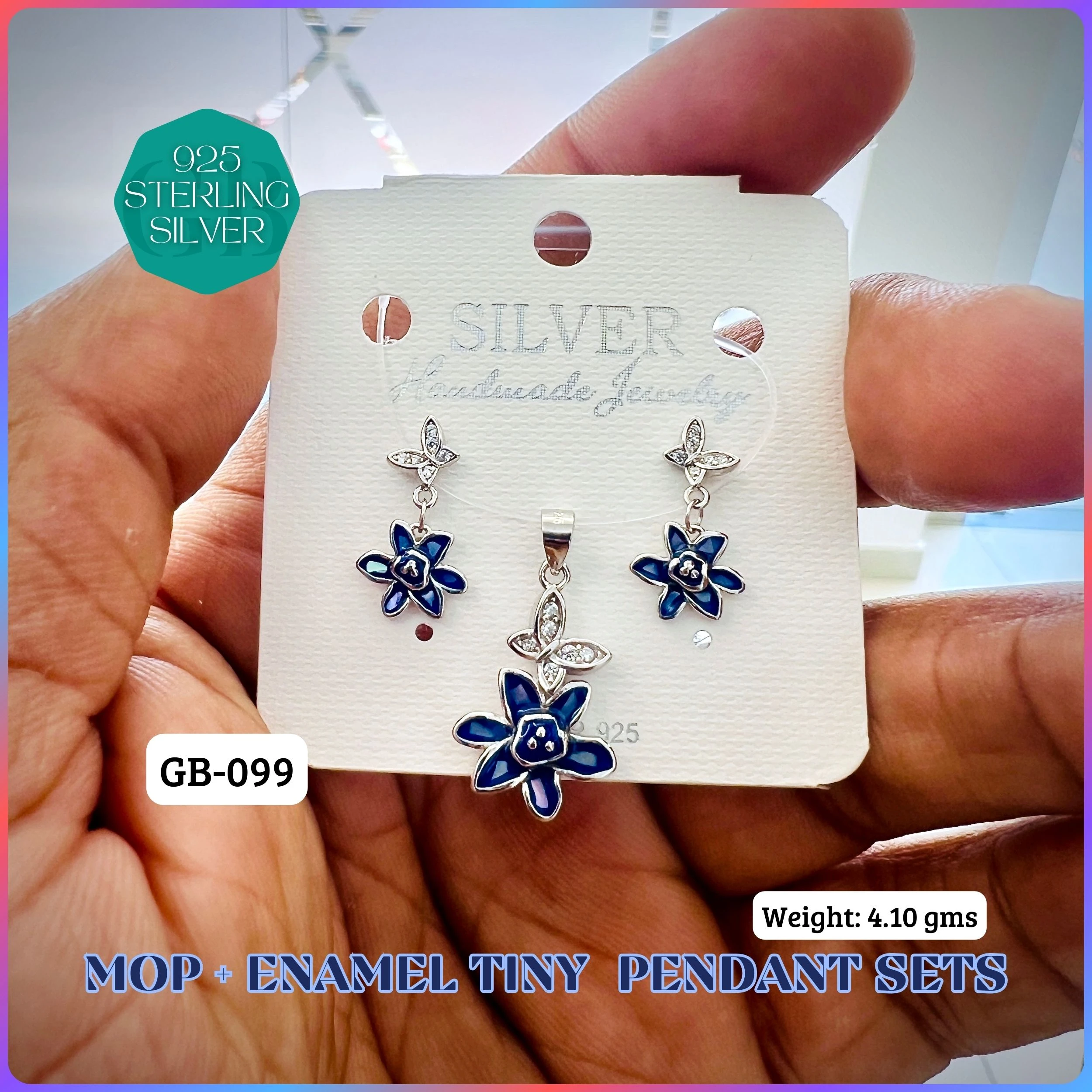 CZ ENAMEL MOP PENDANT SETS - Premium 925 Silver Jewellery - SKU: GB-099-004 - Hyderabad Silver Importers