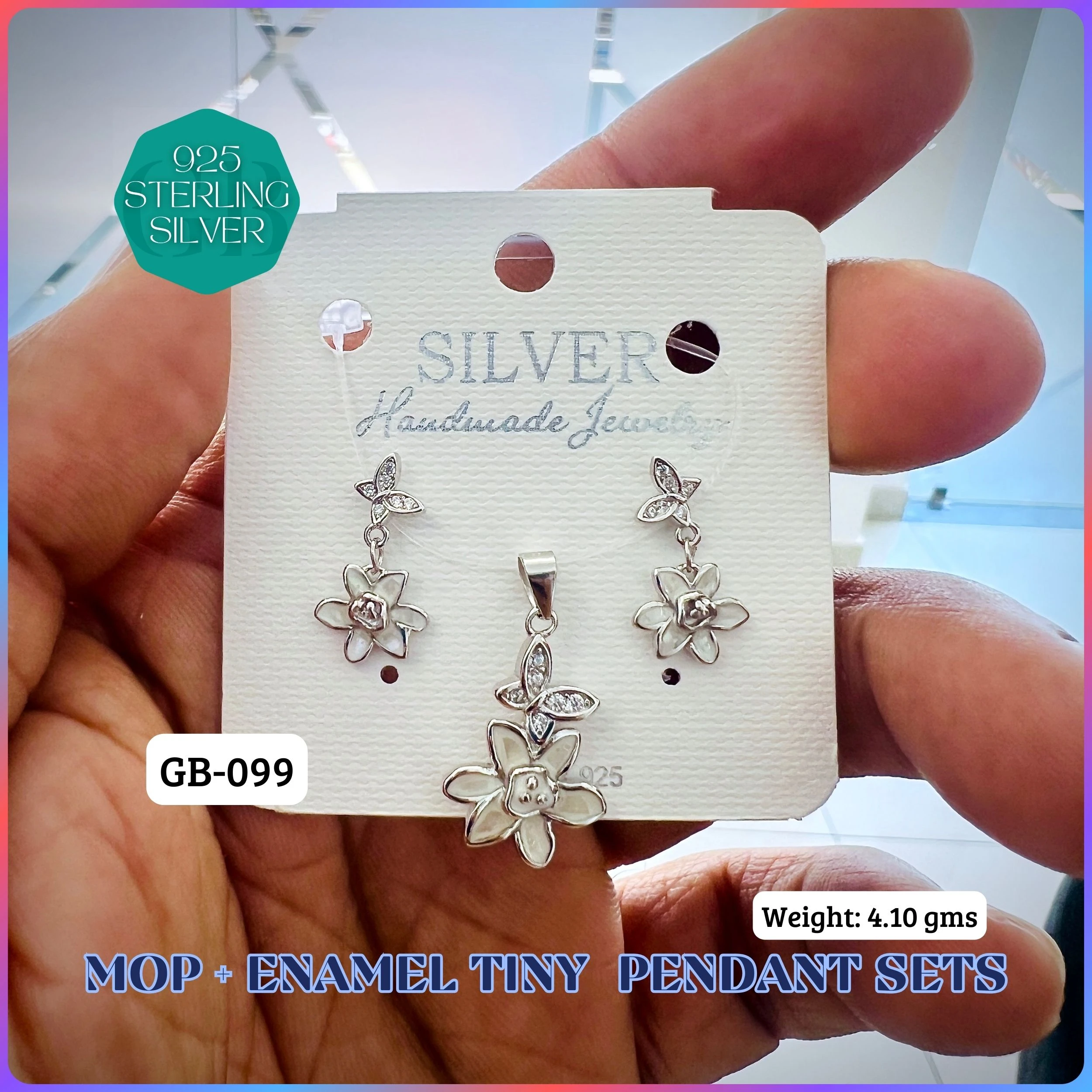 CZ ENAMEL MOP PENDANT SETS - Premium 925 Silver Jewellery - SKU: GB-099-005 - Hyderabad Silver Importers