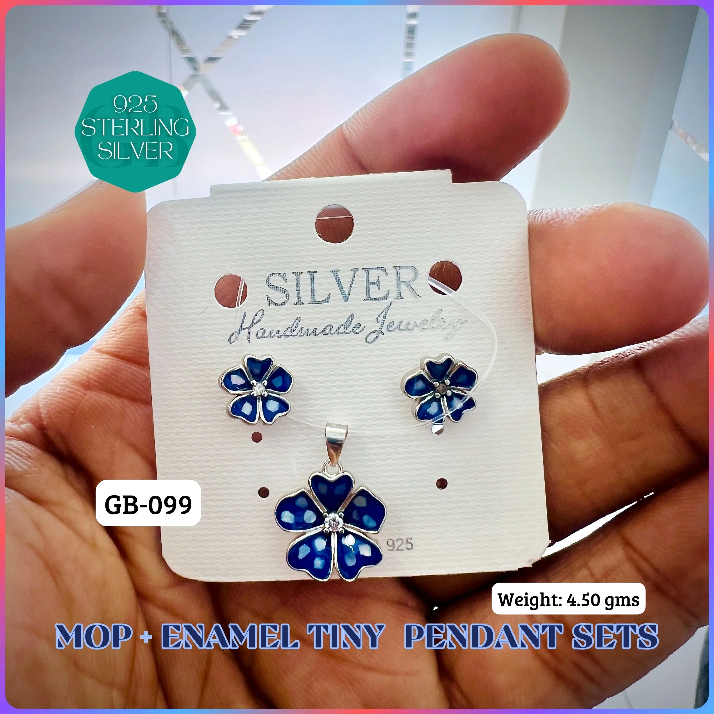 CZ ENAMEL MOP PENDANT SETS - Premium 925 Silver Jewellery - SKU: GB-099-007 - Hyderabad Silver Importers
