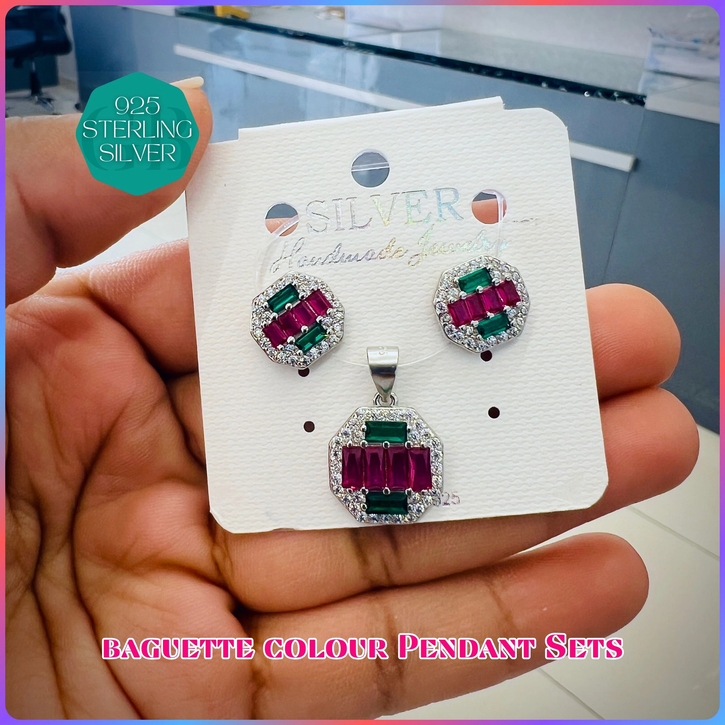 BAGUETTE COLOUR PENDANT SET - Premium 925 Silver Jewellery - SKU: GB-100-001 - Hyderabad Silver Importers