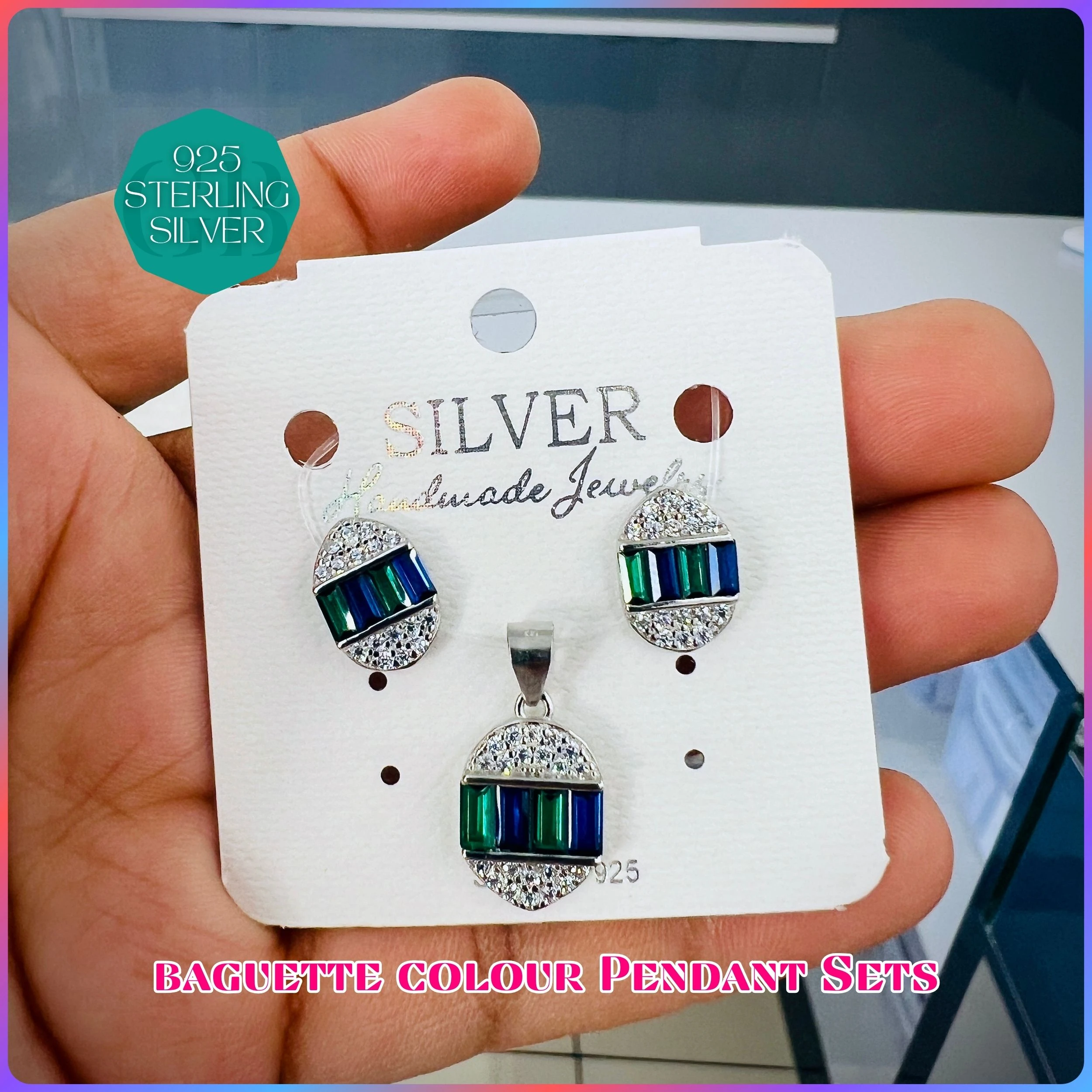 BAGUETTE COLOUR PENDANT SET - Premium 925 Silver Jewellery - SKU: GB-100-003 - Hyderabad Silver Importers