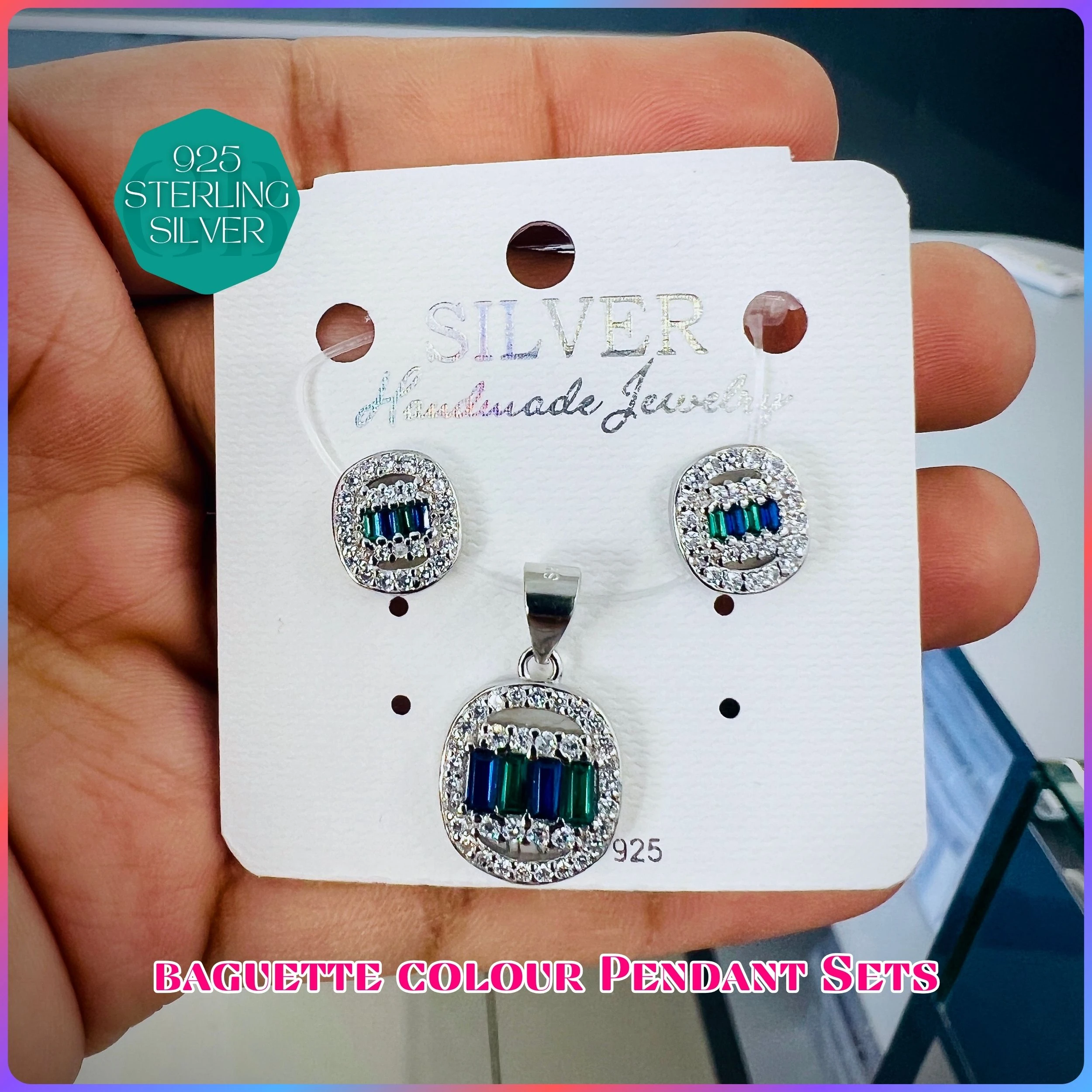 BAGUETTE COLOUR PENDANT SET - Premium 925 Silver Jewellery - SKU: GB-100-004 - Hyderabad Silver Importers